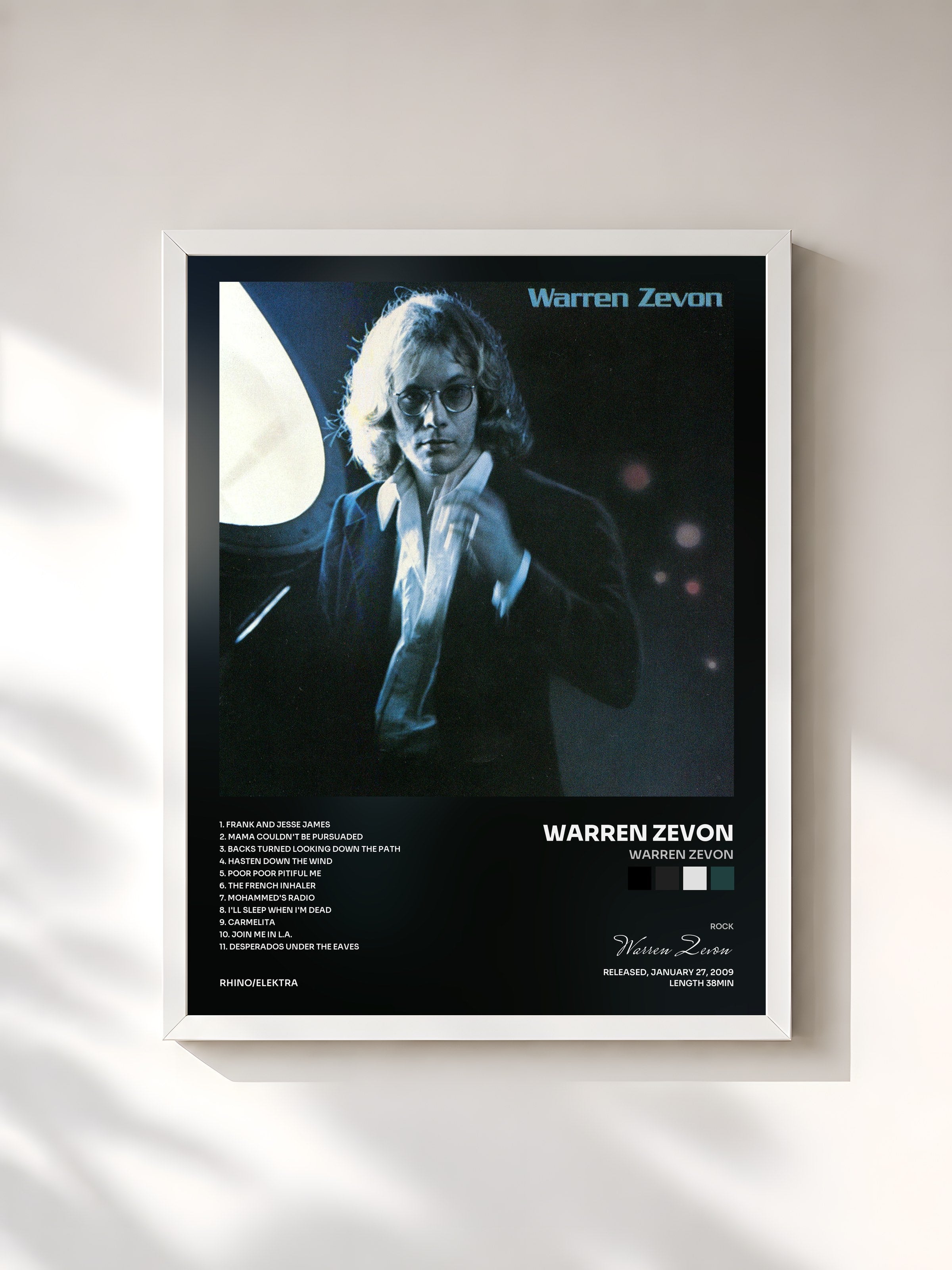 #blanc Tableau de l'album Warren Zevon de Warren Zevon, cadre blanc, imprimé et encadré en France