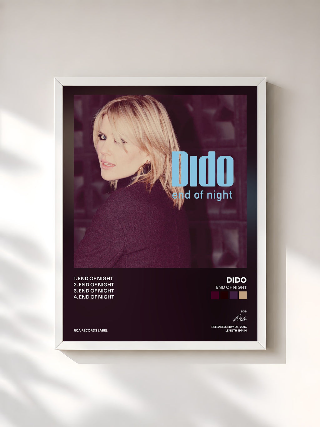 #blanc Tableau de l'album End of Night de Dido, cadre blanc, imprimé et encadré en France