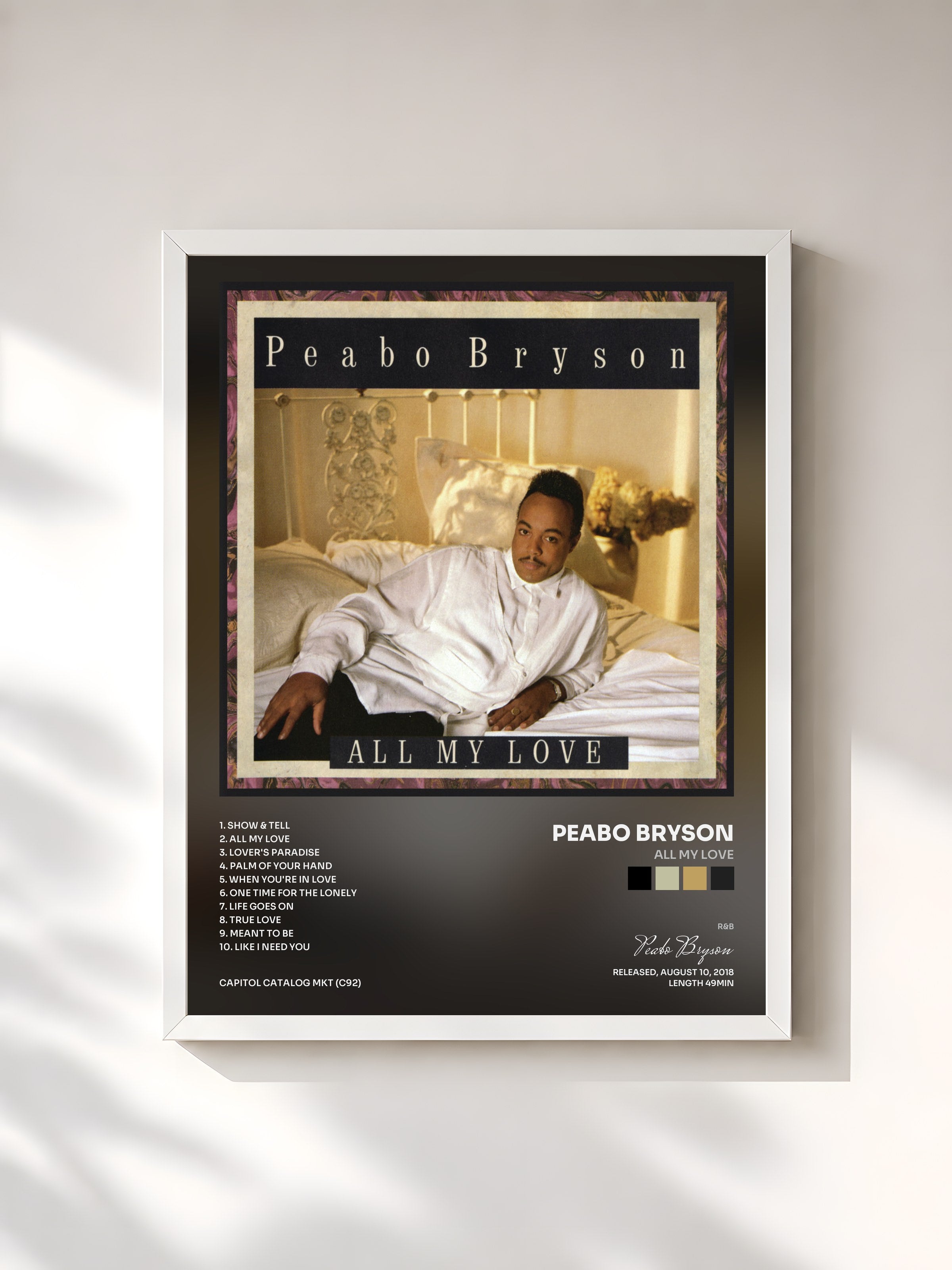#blanc Tableau de l'album All My Love de Peabo Bryson, cadre blanc, imprimé et encadré en France