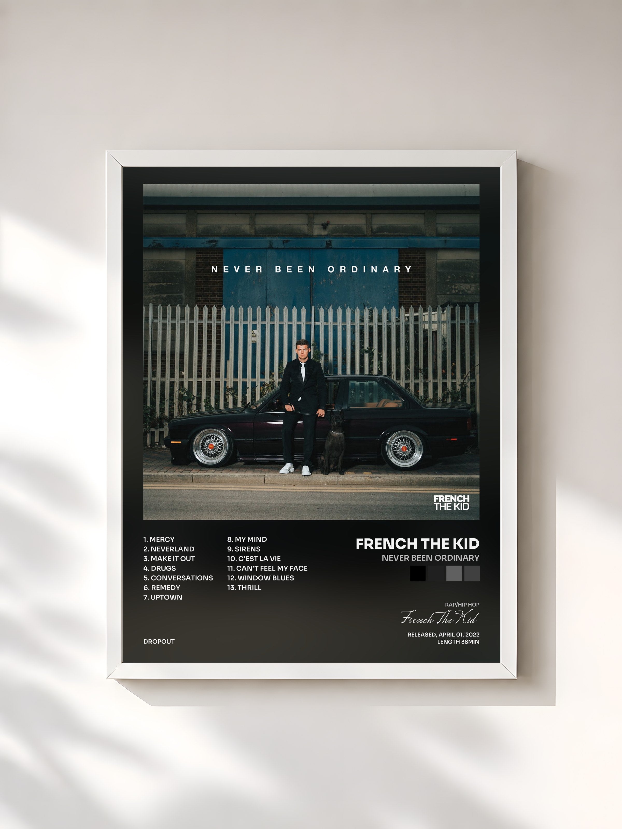 #blanc Tableau de l'album Never Been Ordinary de French The Kid, cadre blanc, imprimé et encadré en France