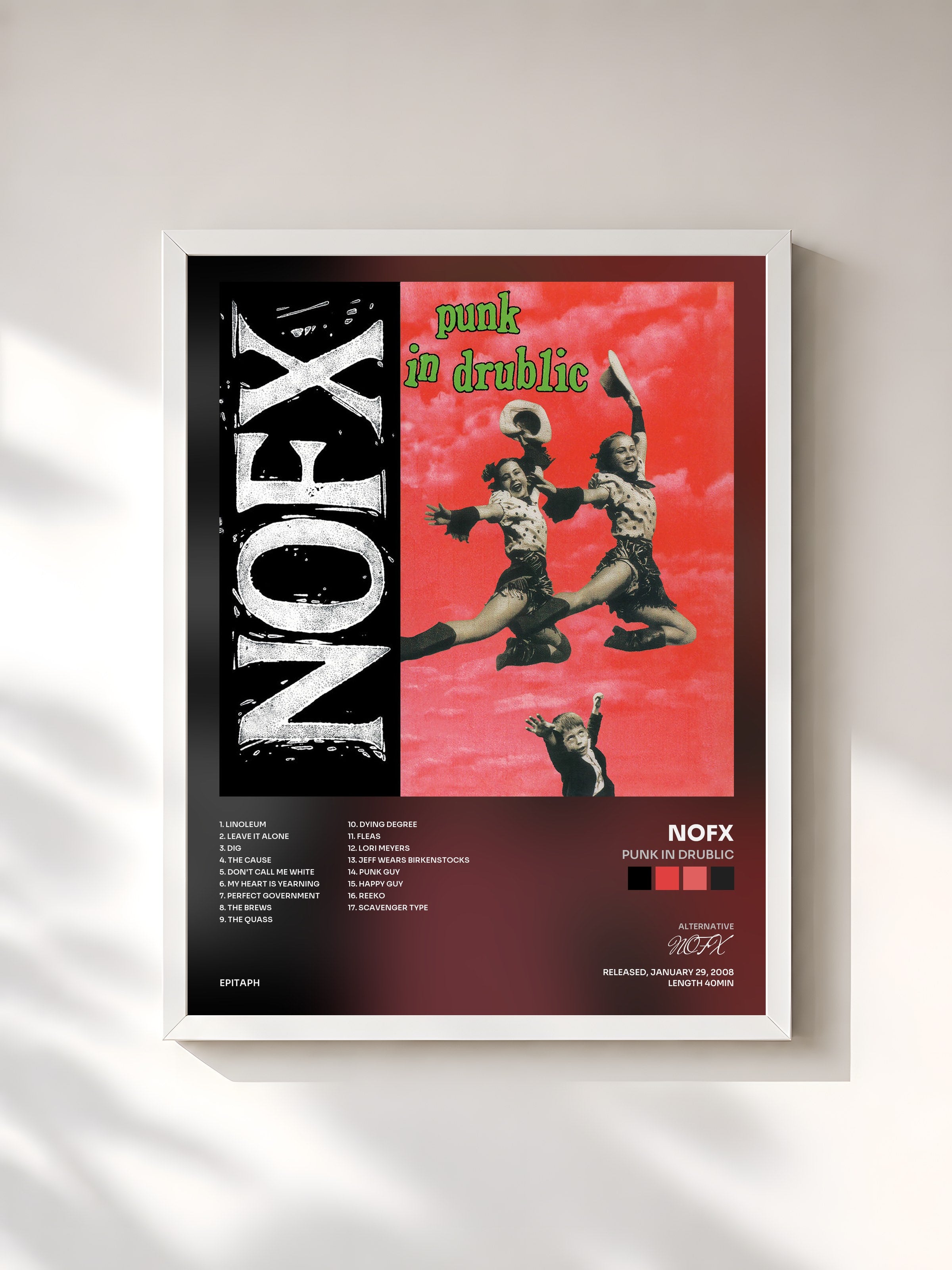 #blanc Tableau de l'album Punk In Drublic de NOFX, cadre blanc, imprimé et encadré en France