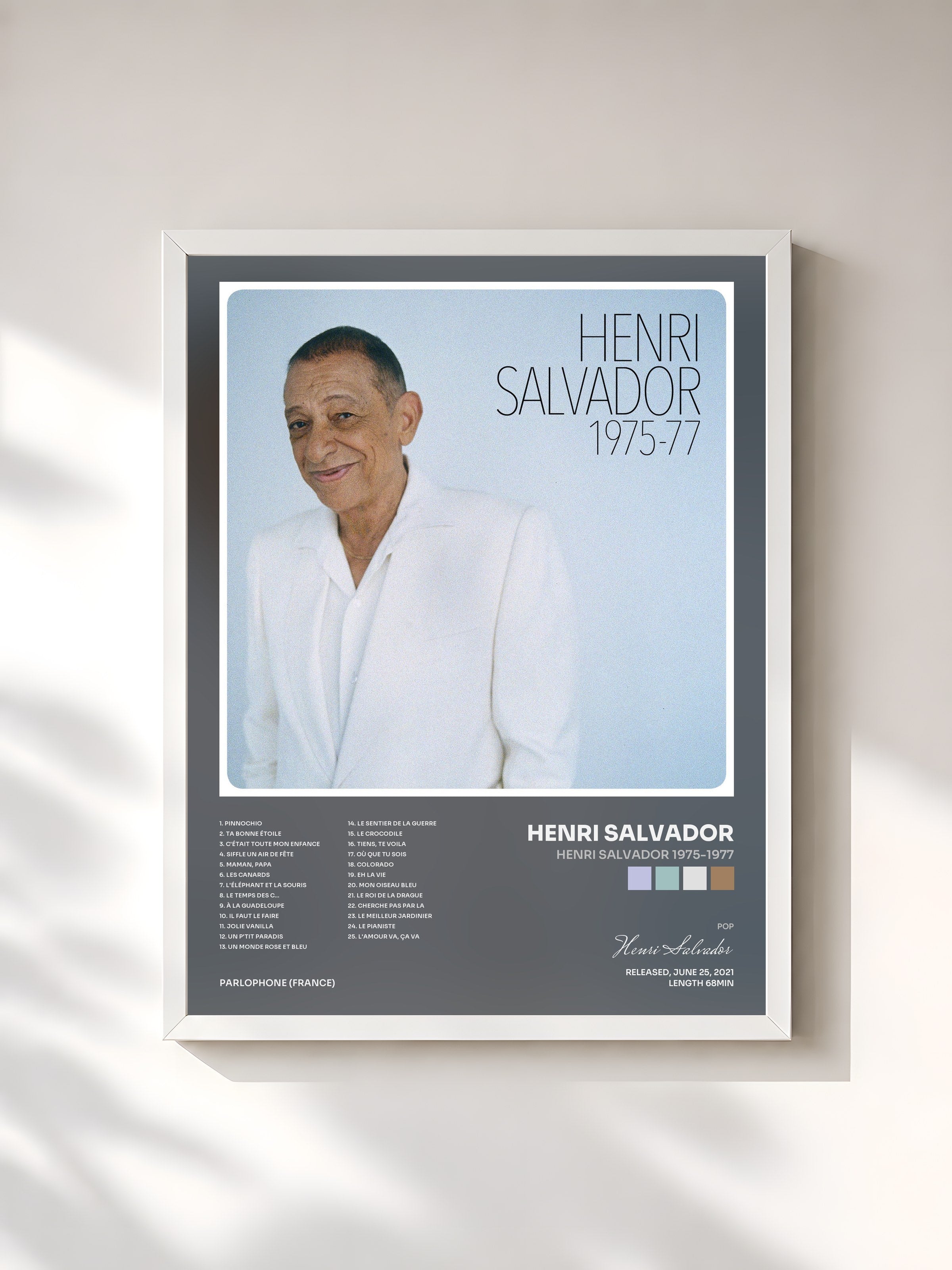 #blanc Tableau de l'album Henri Salvador 1975-1977 de Henri Salvador, cadre blanc, imprimé et encadré en France