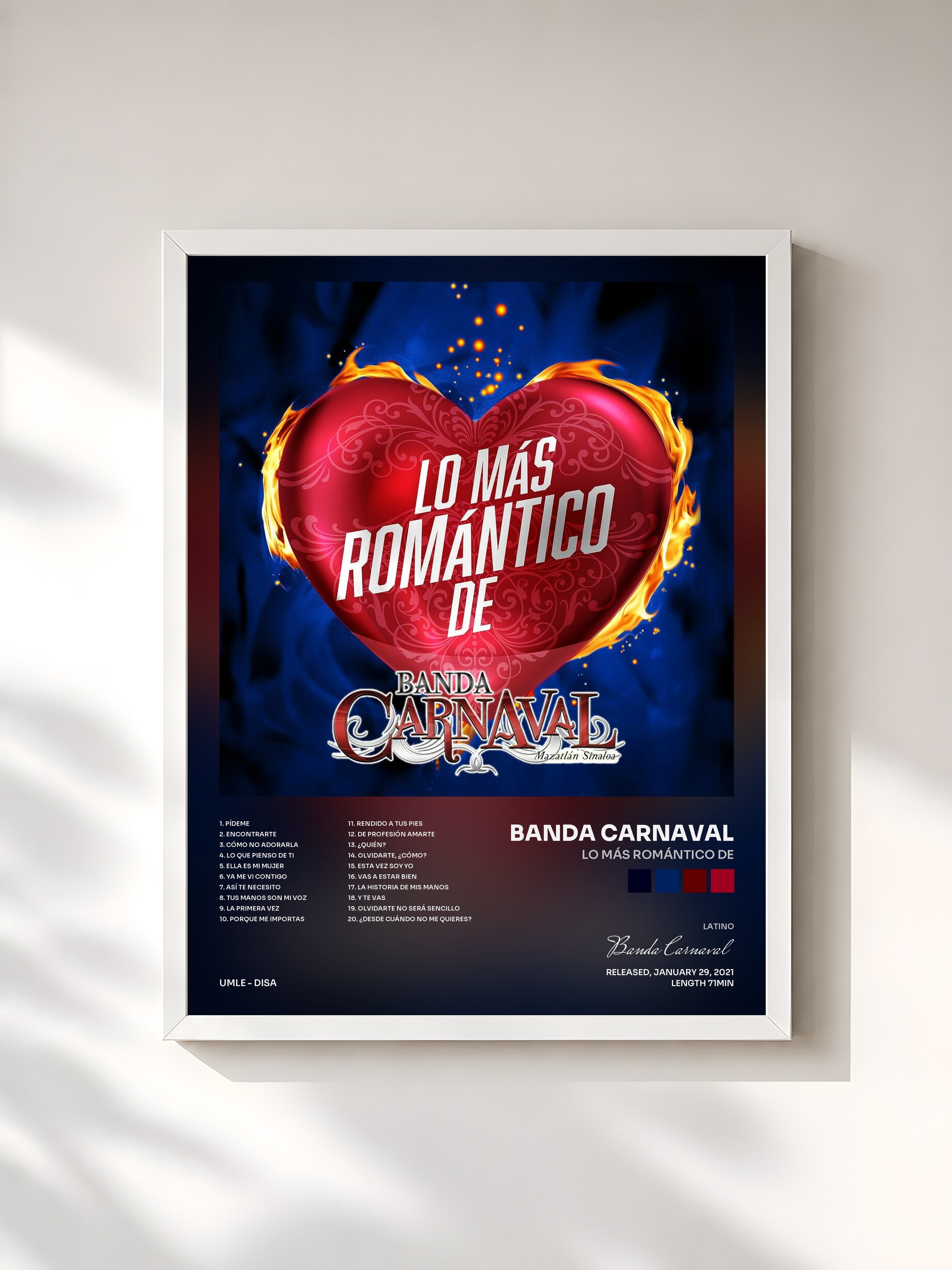 #blanc Tableau de l'album Lo Más Romántico De de Banda Carnaval, cadre blanc, imprimé et encadré en France