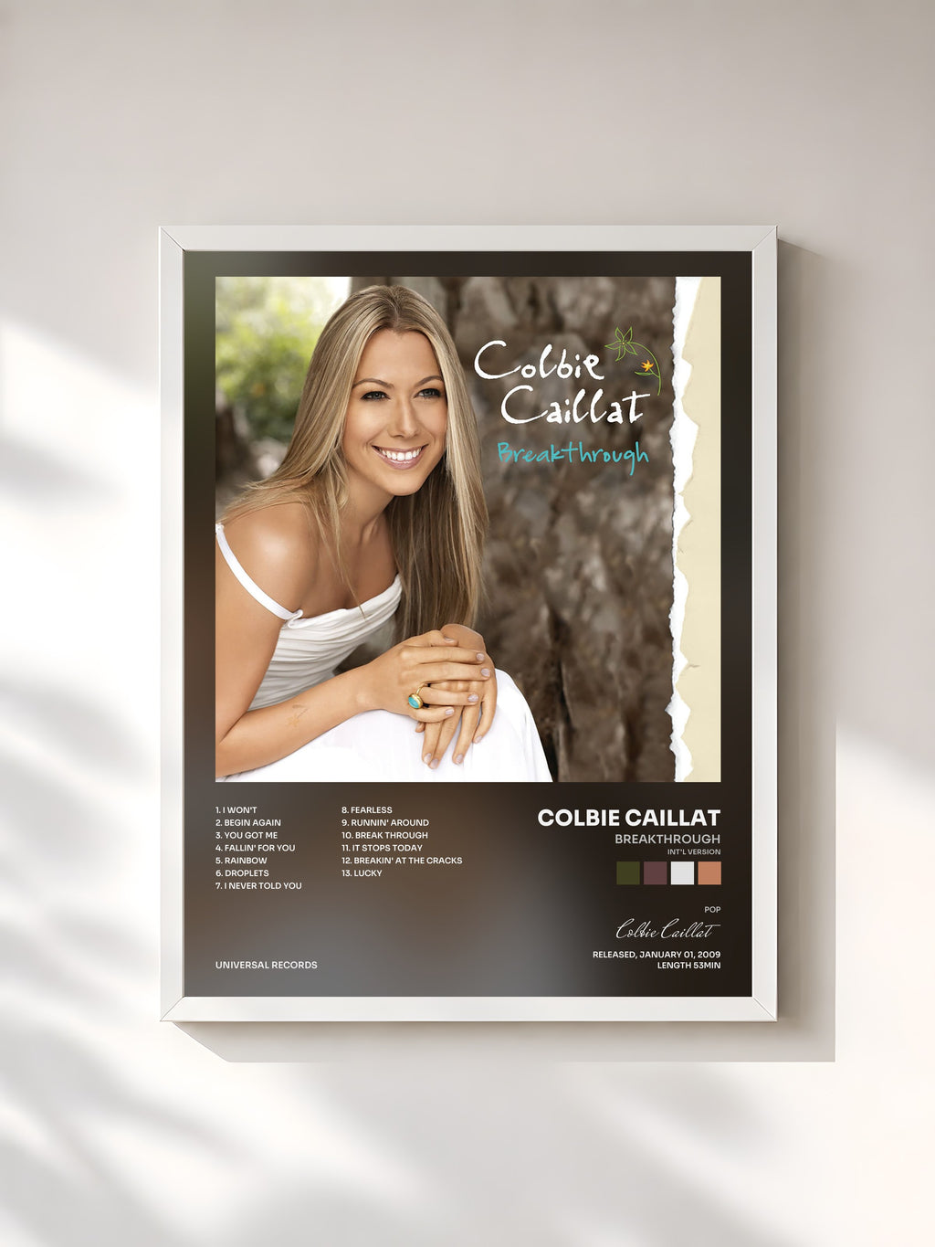 #blanc Tableau de l'album Breakthrough (Int'l Version) de Colbie Caillat, cadre blanc, imprimé et encadré en France