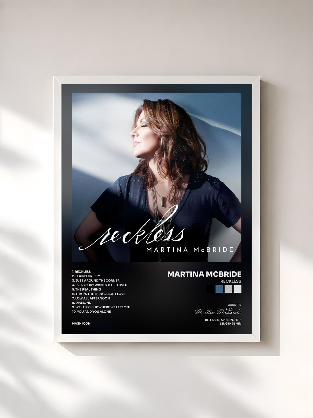 #blanc Tableau de l'album Reckless de Martina McBride, cadre blanc, imprimé et encadré en France