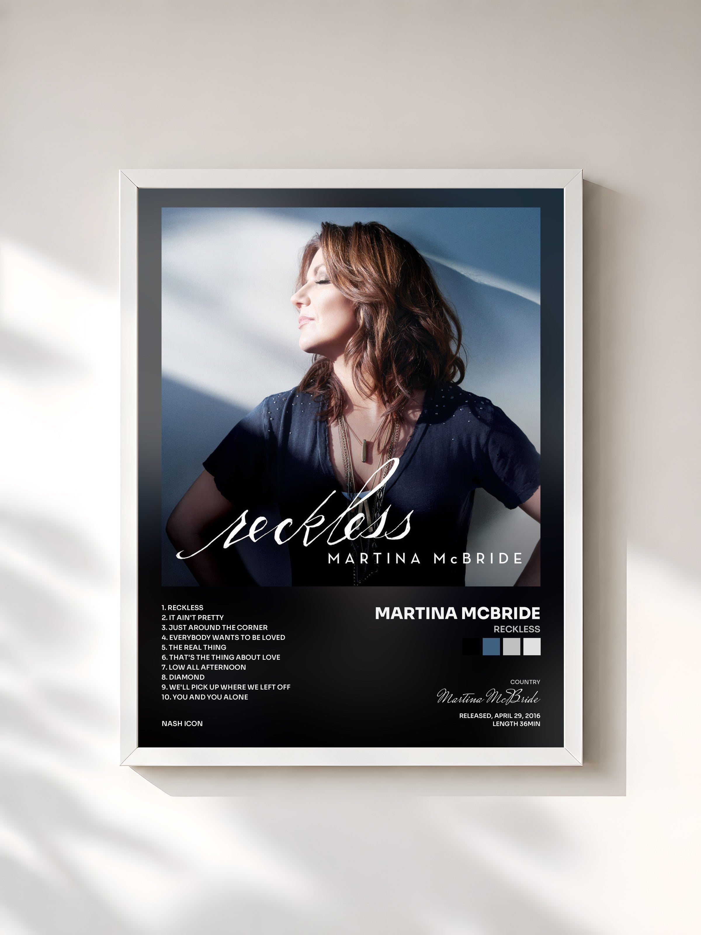 #blanc Tableau de l'album Reckless de Martina McBride, cadre blanc, imprimé et encadré en France