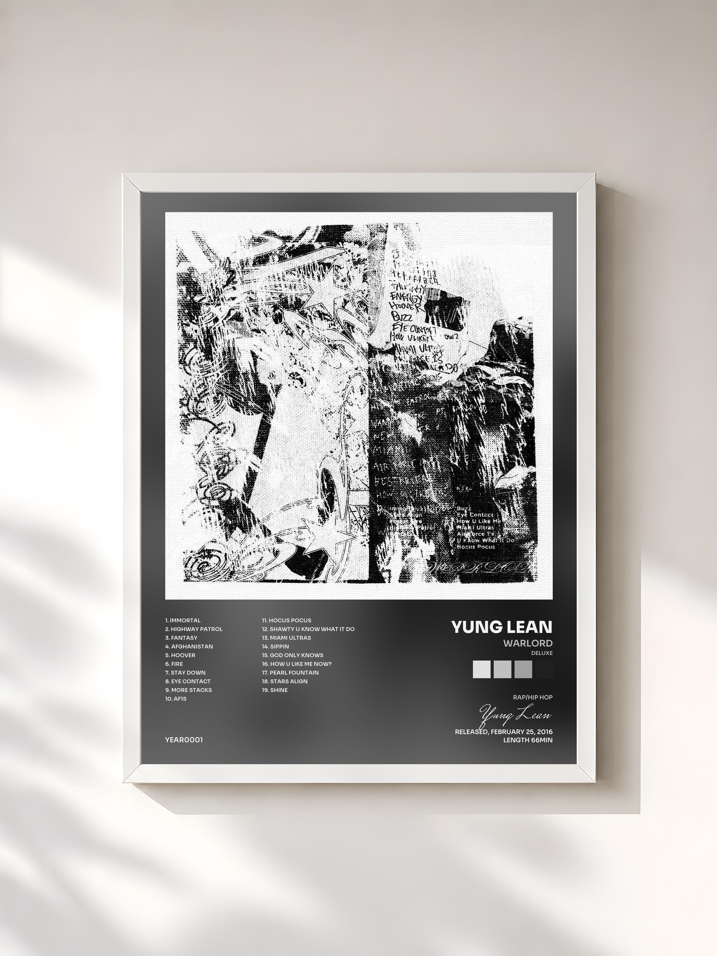 #blanc Tableau de l'album Warlord (Deluxe) de Yung Lean, cadre blanc, imprimé et encadré en France