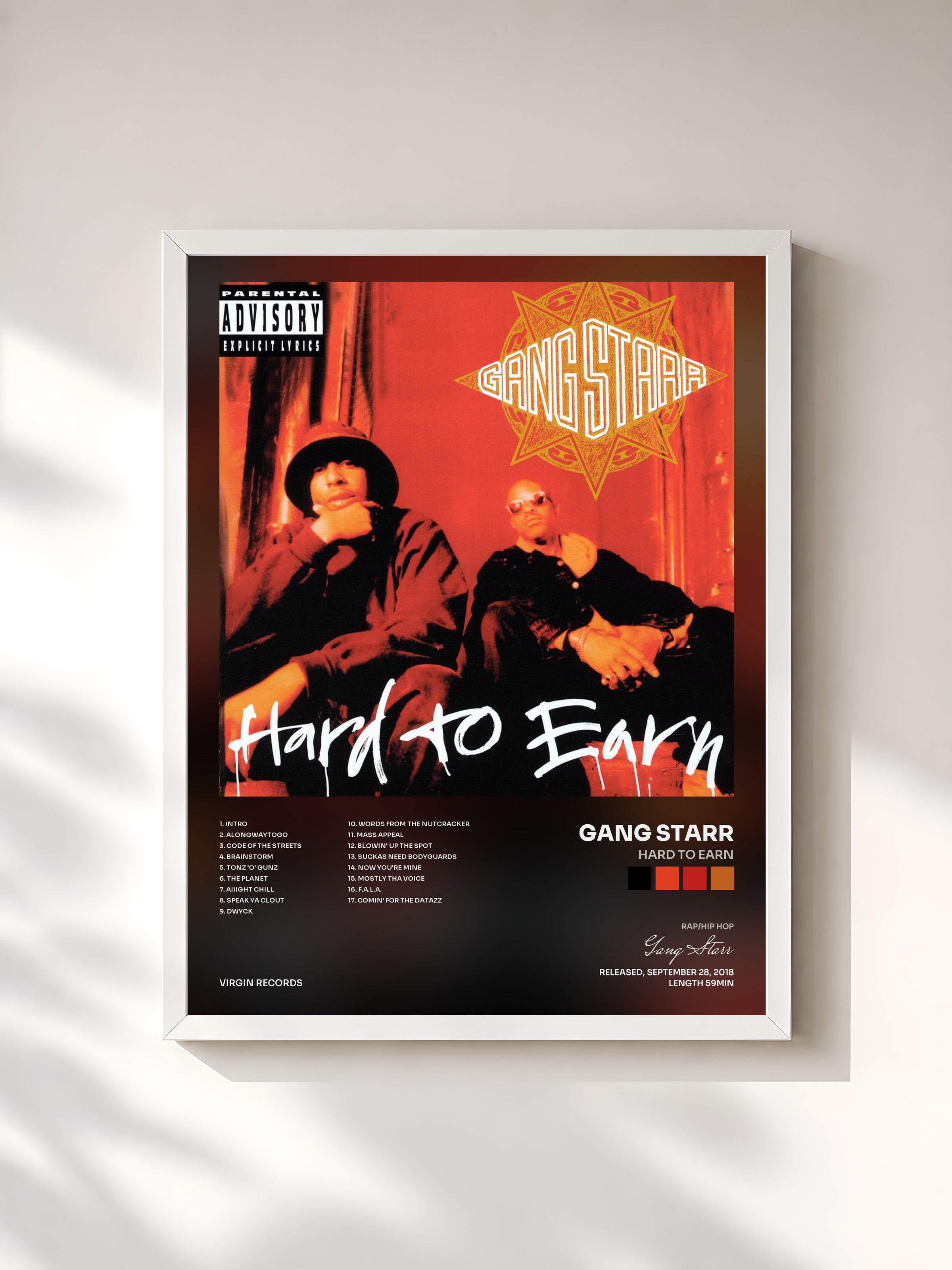 #blanc Tableau de l'album Hard To Earn de Gang Starr, cadre blanc, imprimé et encadré en France