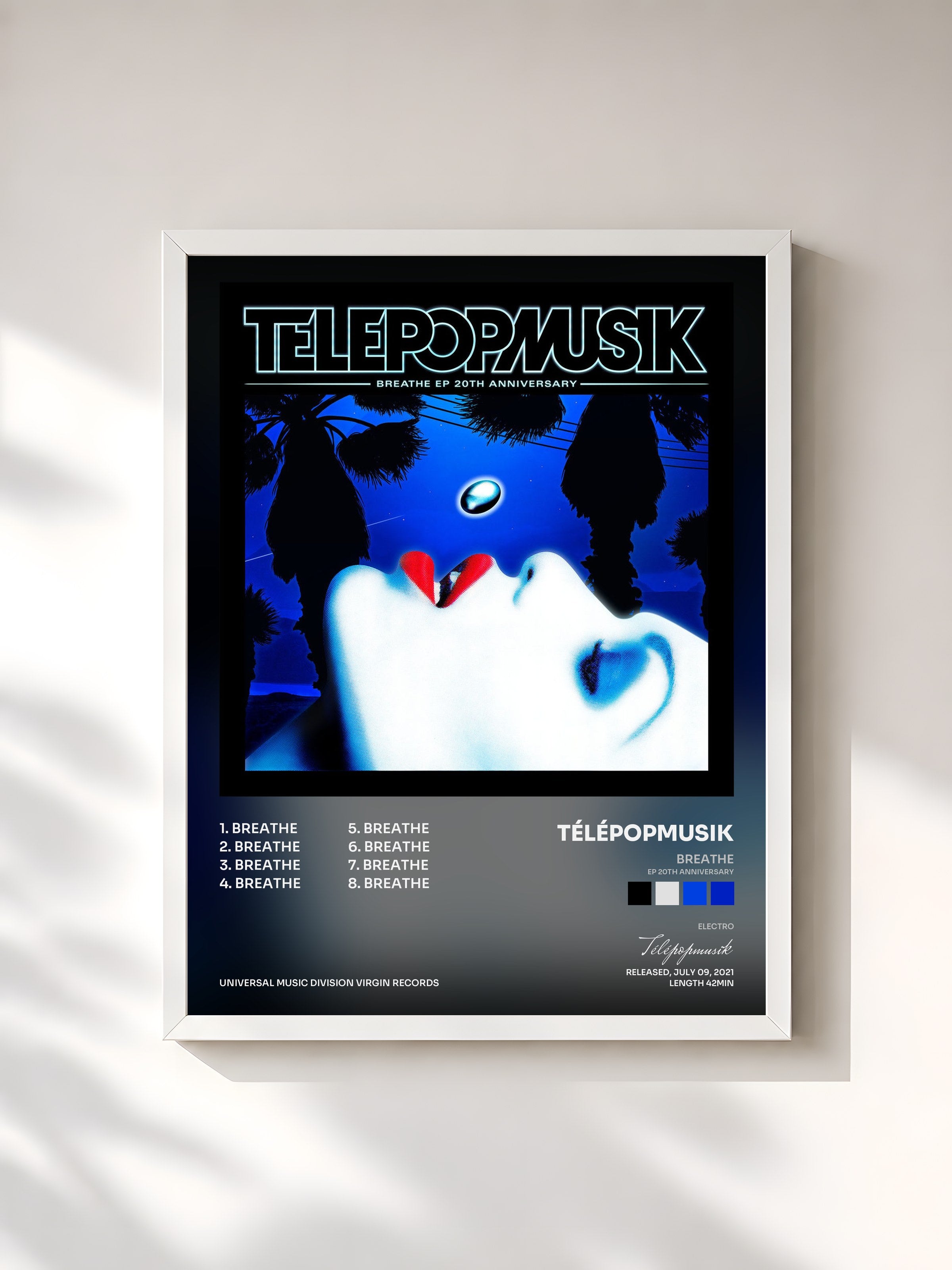 #blanc Tableau de l'album Breathe (EP 20th Anniversary) de Télépopmusik, cadre blanc, imprimé et encadré en France