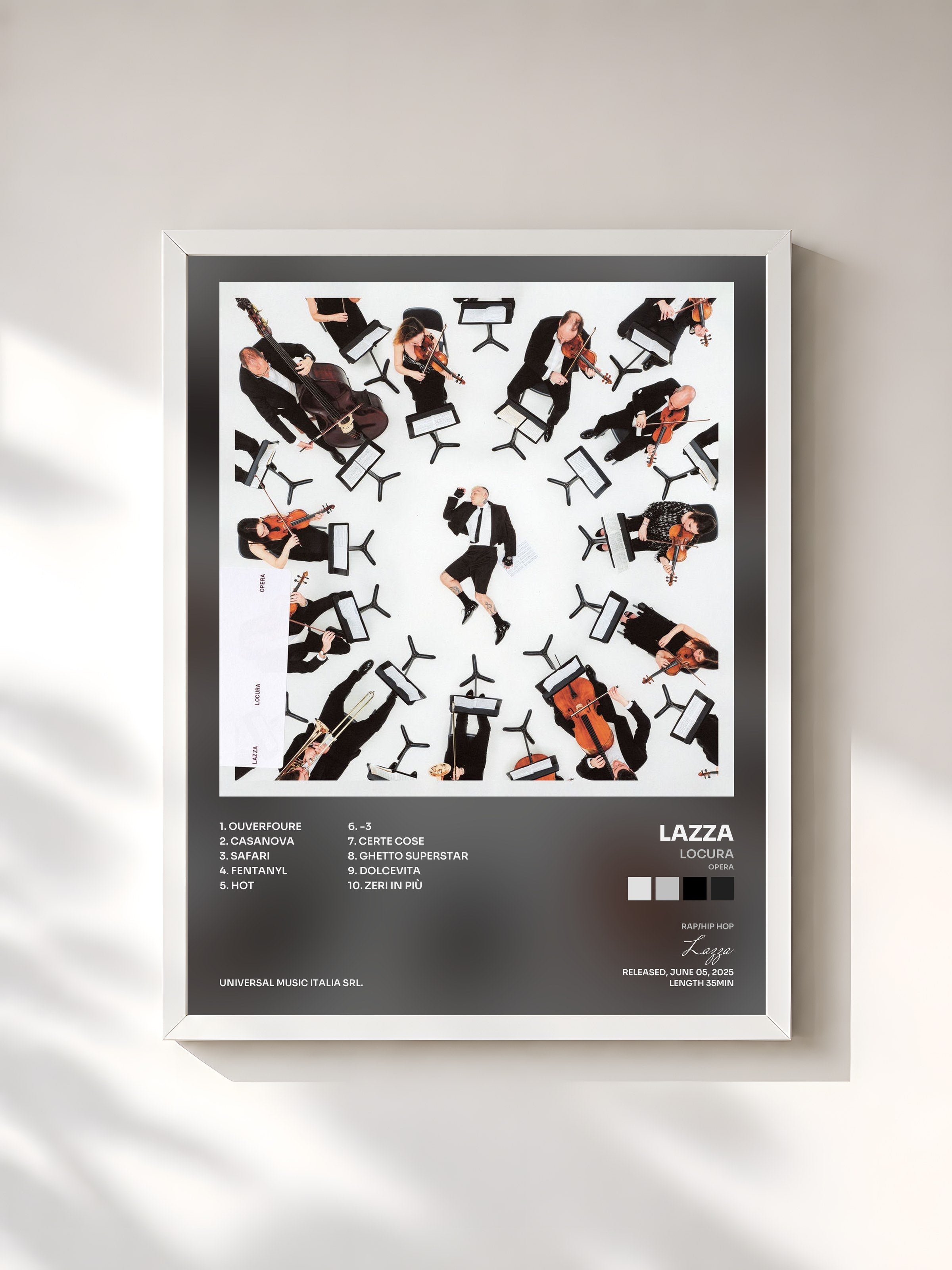 #blanc Tableau de l'album LOCURA (Opera) de Lazza, cadre blanc, imprimé et encadré en France