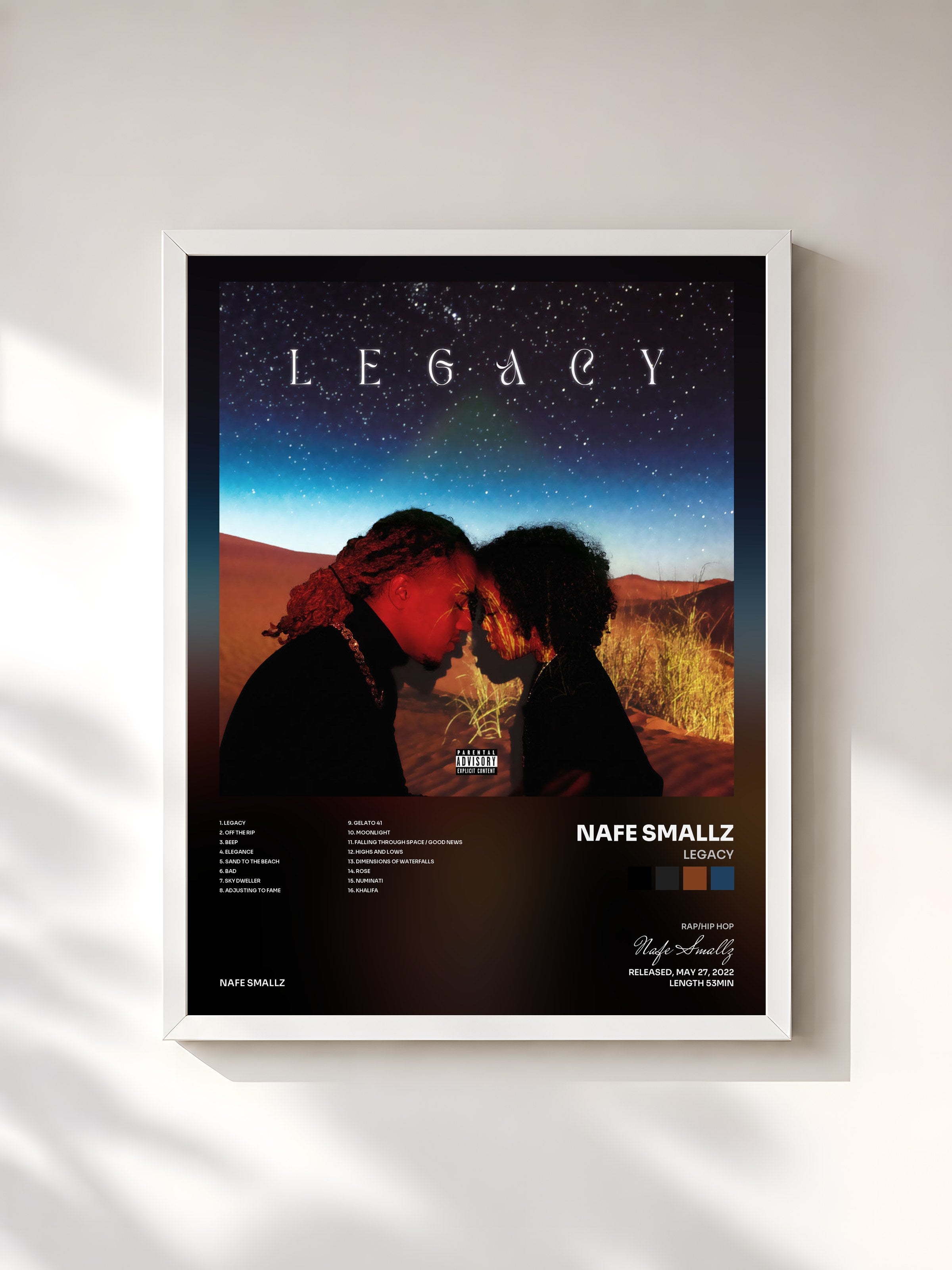 #blanc Tableau de l'album Legacy de Nafe Smallz, cadre blanc, imprimé et encadré en France