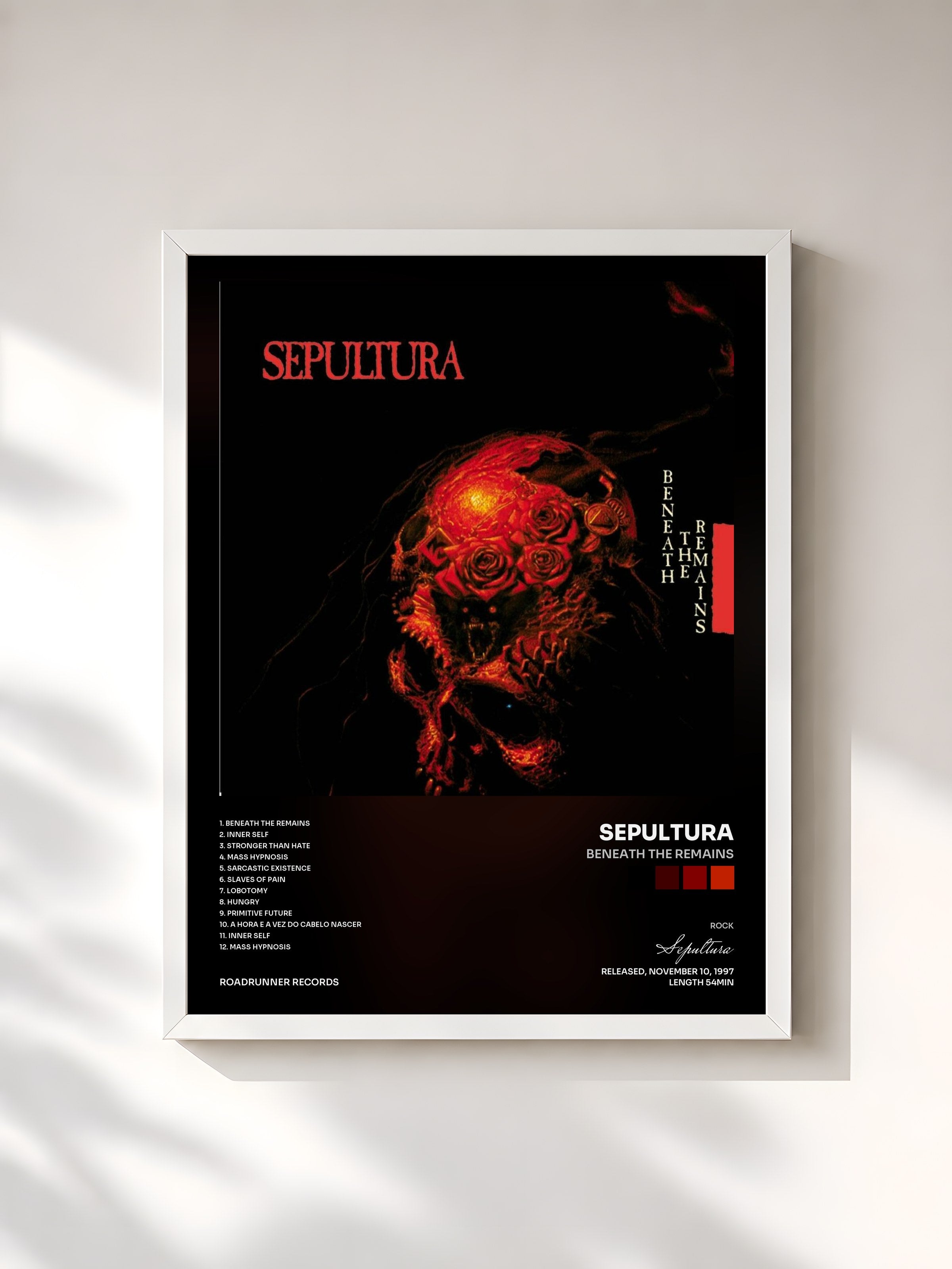 #blanc Tableau de l'album Beneath the Remains de Sepultura, cadre blanc, imprimé et encadré en France