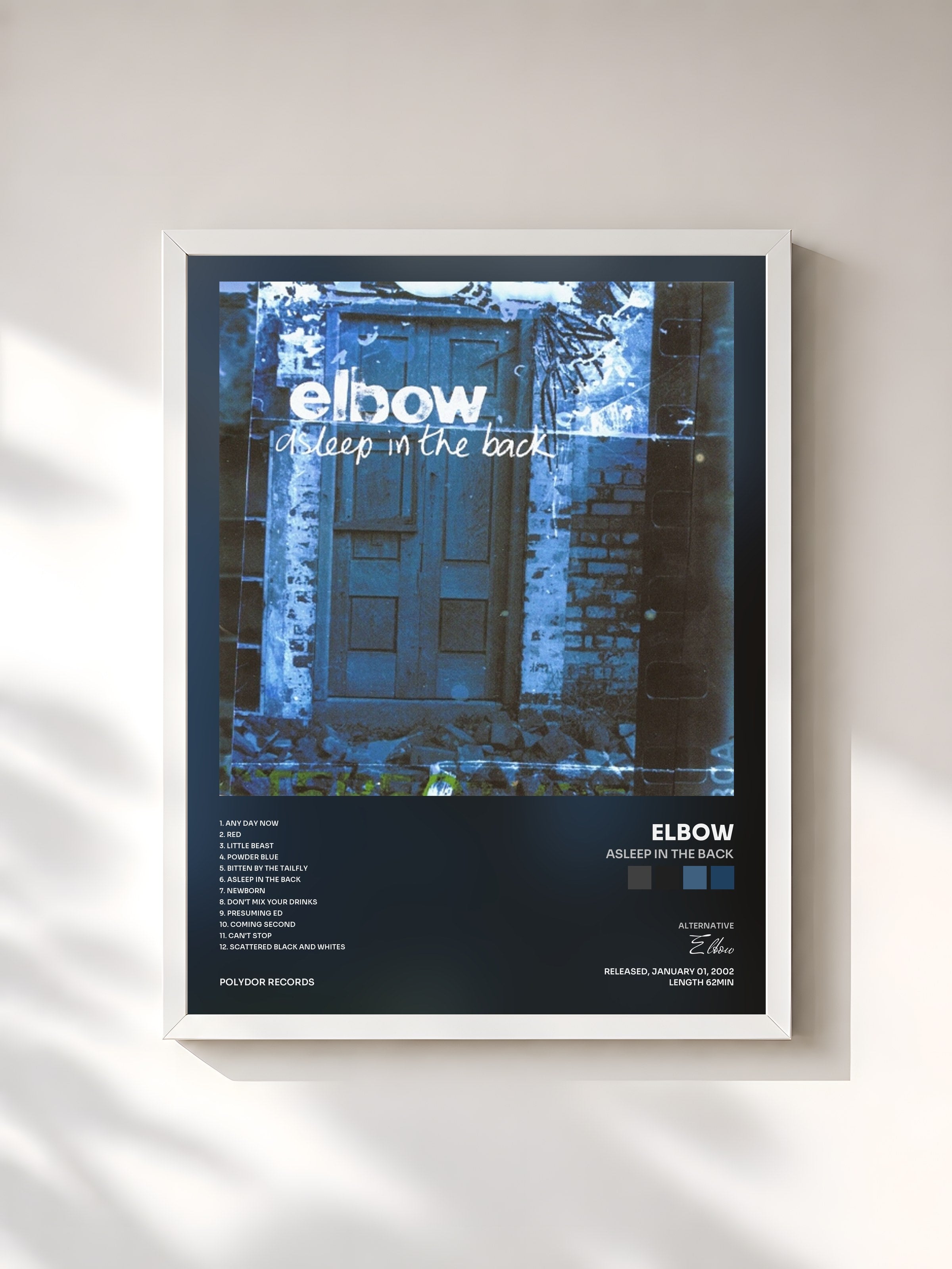 #blanc Tableau de l'album Asleep In The Back de Elbow, cadre blanc, imprimé et encadré en France