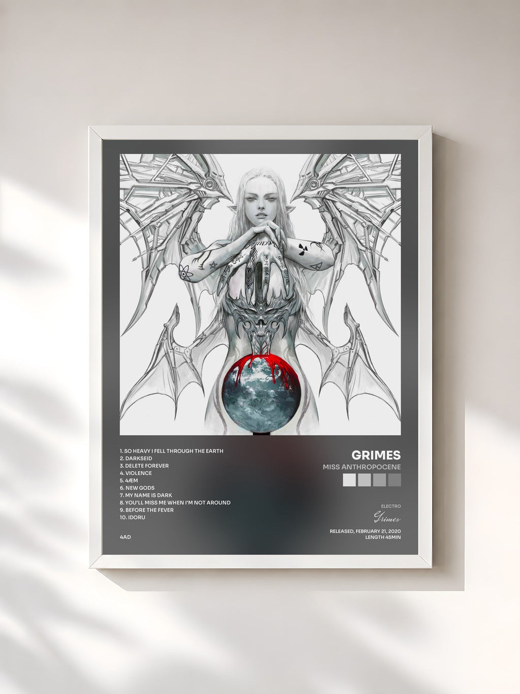 #blanc Tableau de l'album Miss Anthropocene de Grimes, cadre blanc, imprimé et encadré en France