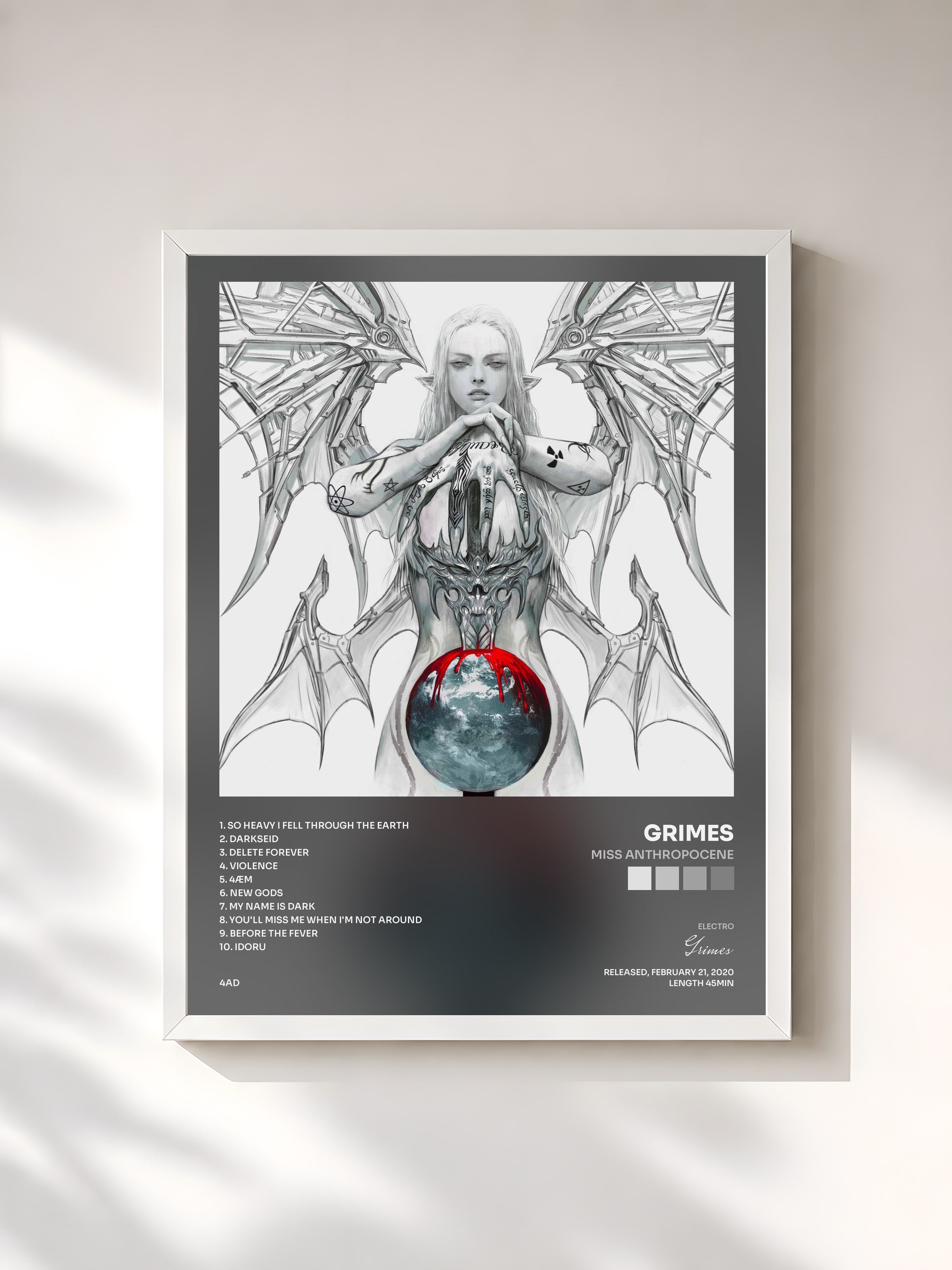 #blanc Tableau de l'album Miss Anthropocene de Grimes, cadre blanc, imprimé et encadré en France