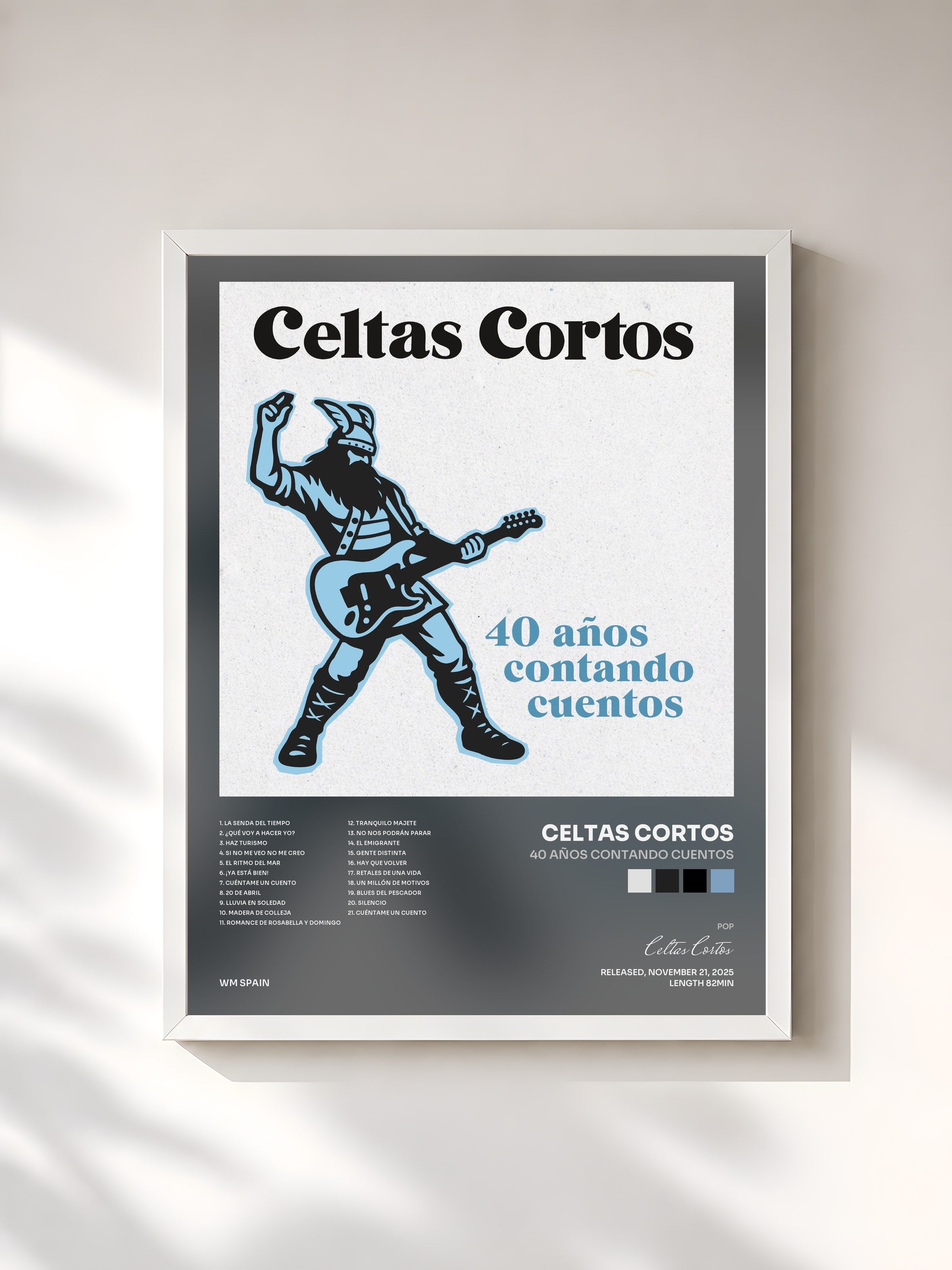 #blanc Tableau de l'album 40 años contando cuentos de Celtas Cortos, cadre blanc, imprimé et encadré en France
