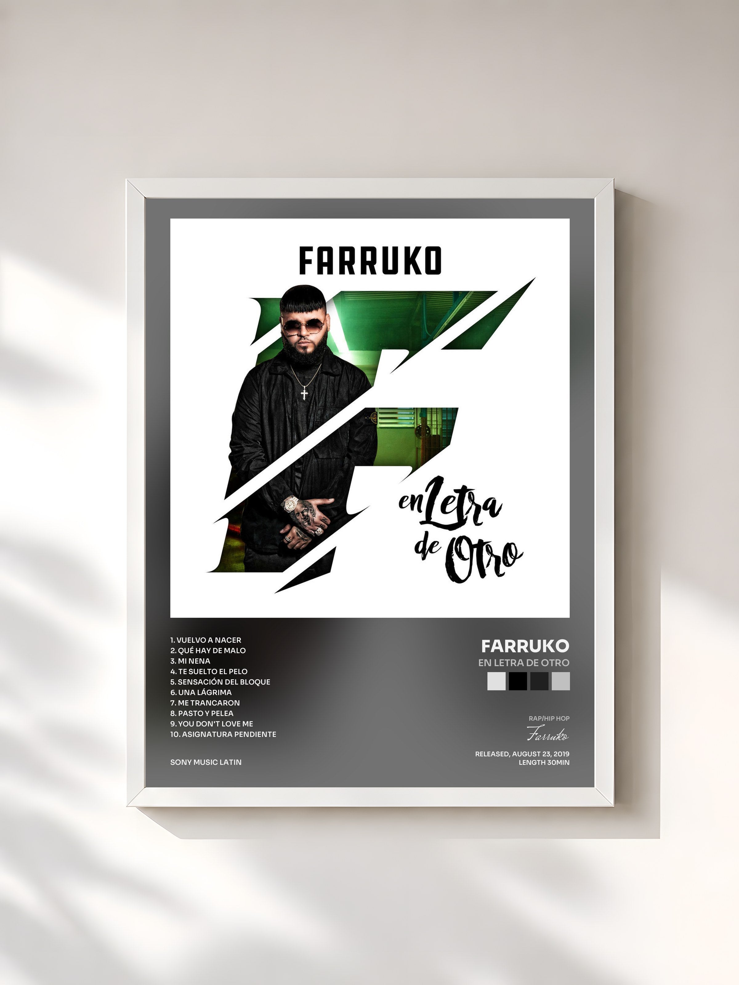 #blanc Tableau de l'album En Letra de Otro de Farruko, cadre blanc, imprimé et encadré en France