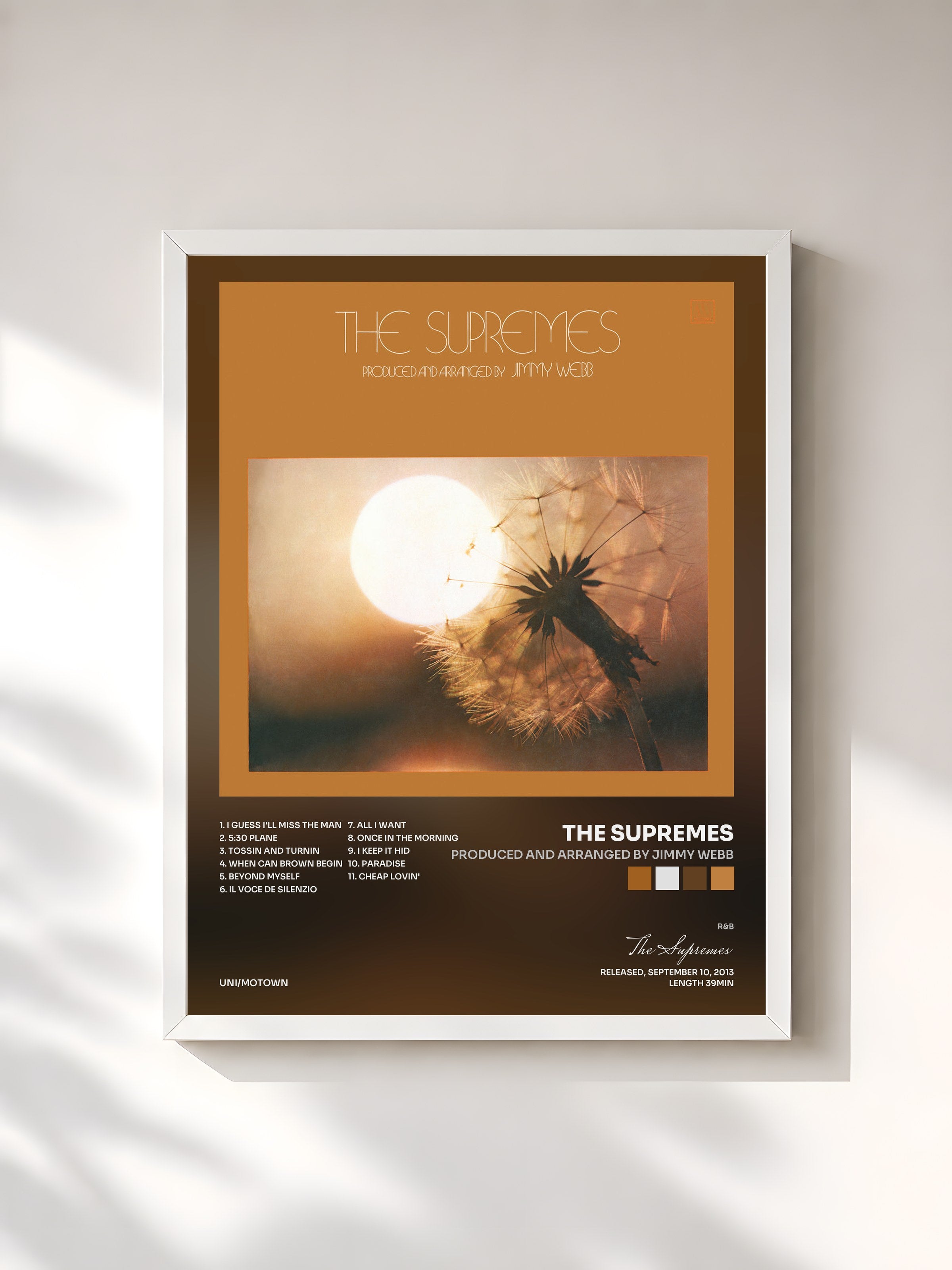#blanc Tableau de l'album Produced And Arranged By Jimmy Webb de The Supremes, cadre blanc, imprimé et encadré en France
