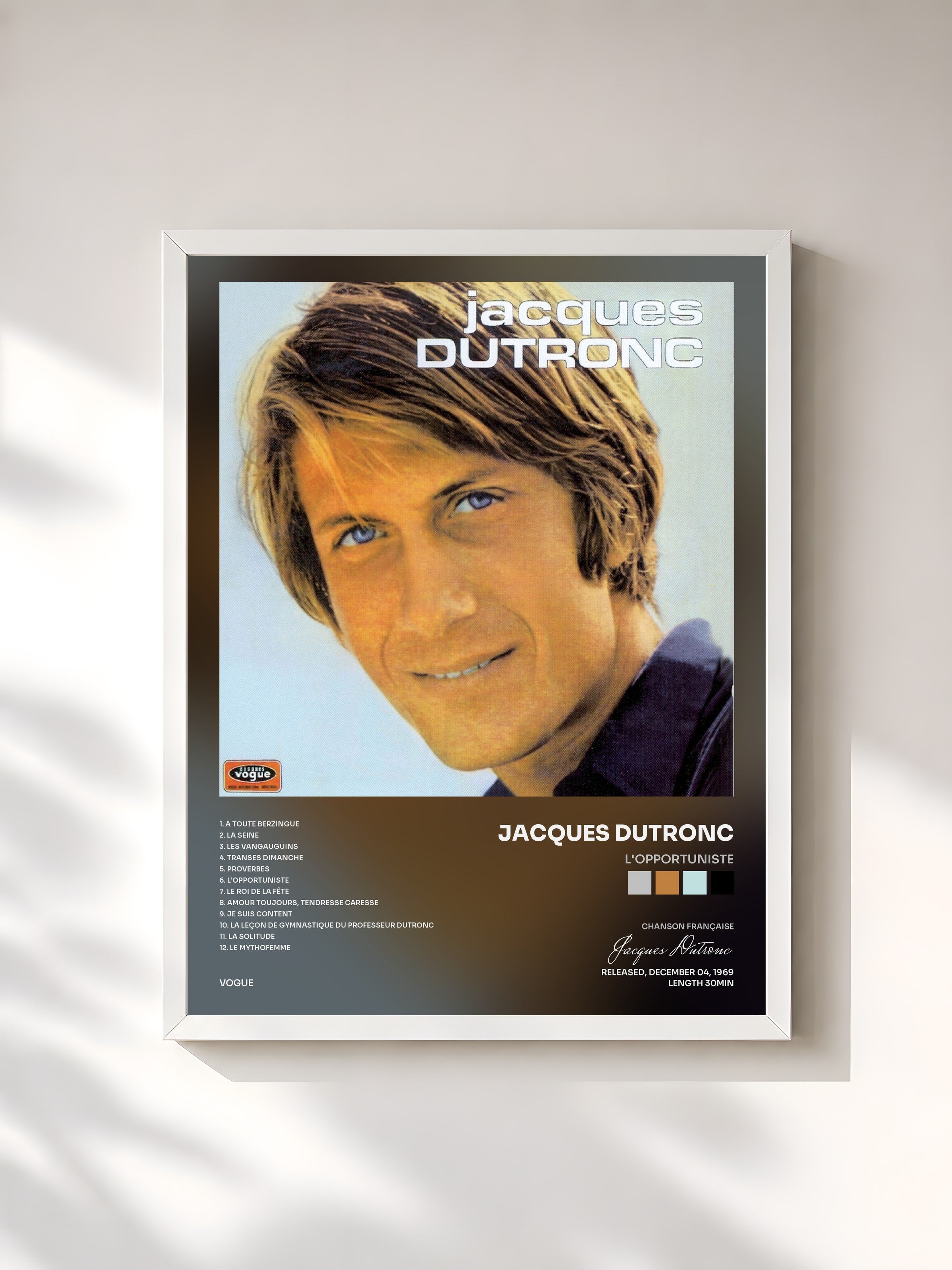 #blanc Tableau de l'album L'opportuniste de Jacques Dutronc, cadre blanc, imprimé et encadré en France