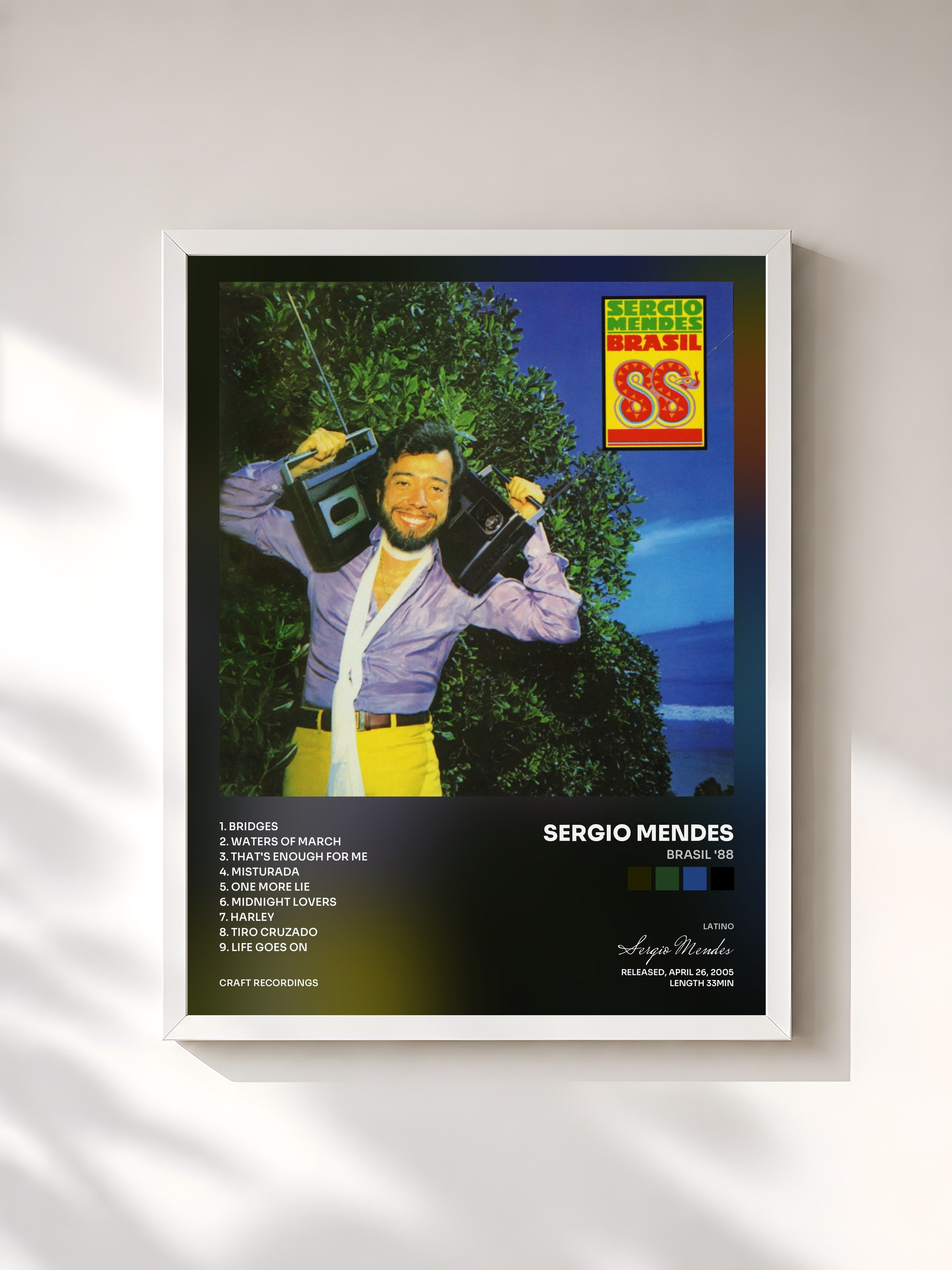#blanc Tableau de l'album Brasil '88 de Sergio Mendes, cadre blanc, imprimé et encadré en France