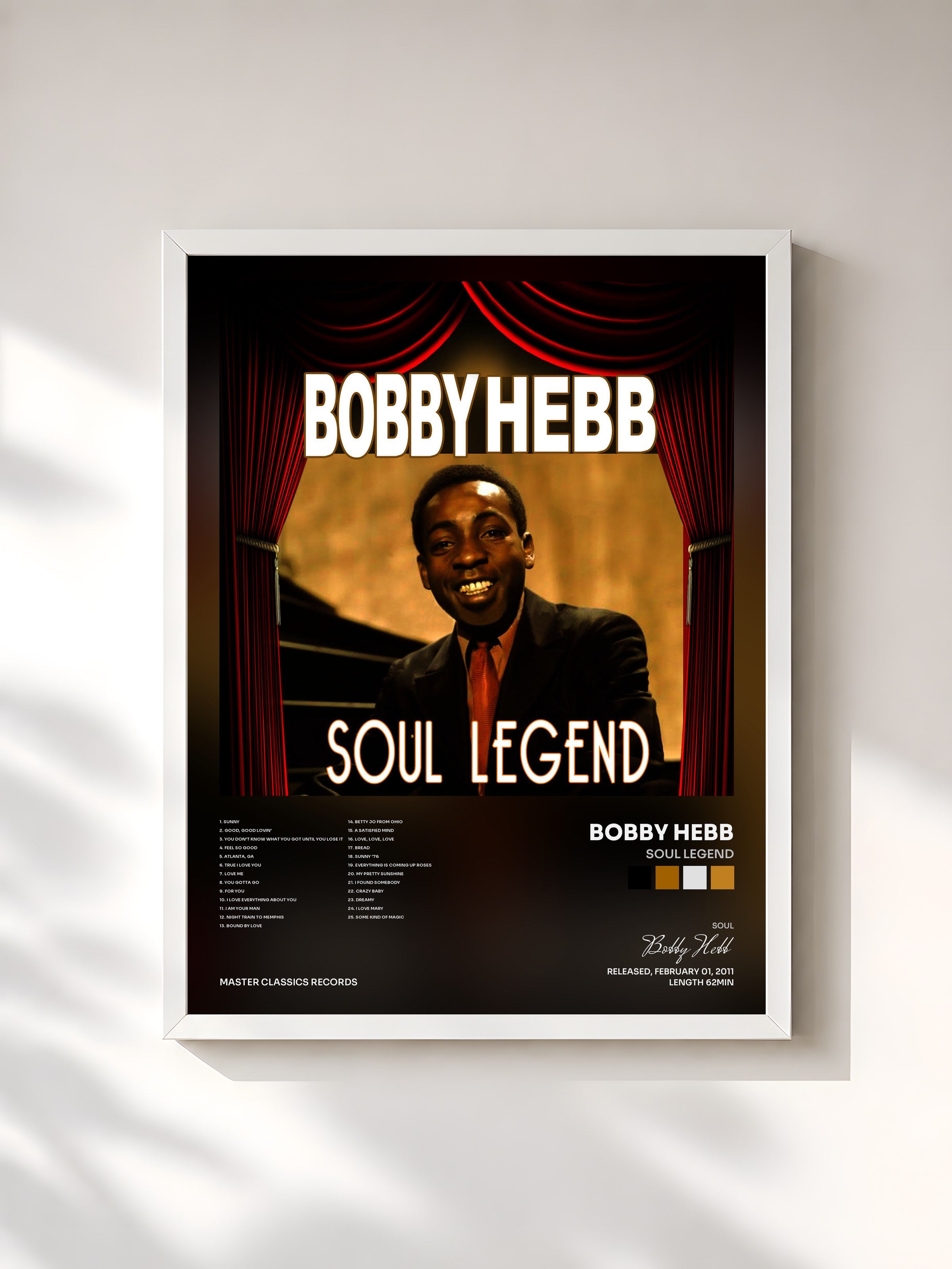 #blanc Tableau de l'album Soul Legend de Bobby Hebb, cadre blanc, imprimé et encadré en France