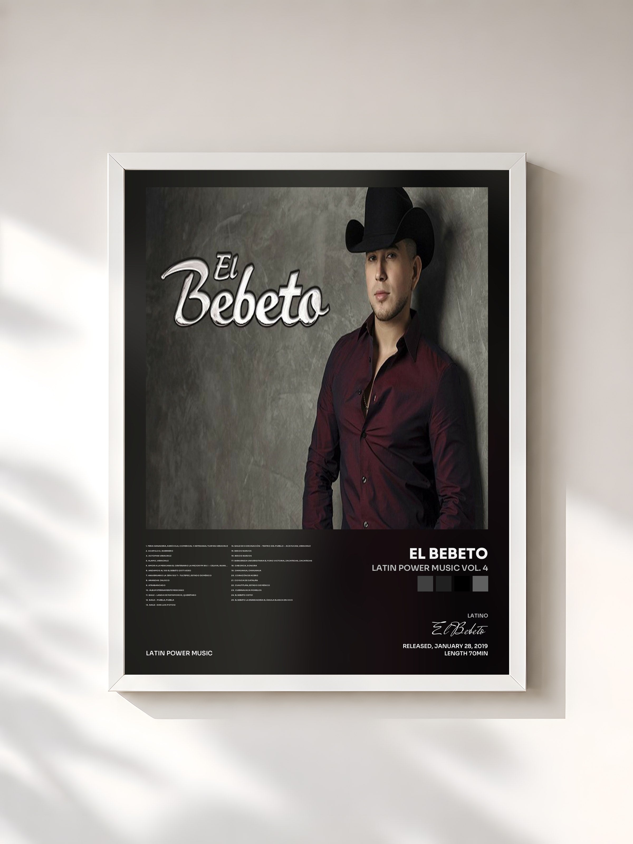 #blanc Tableau de l'album Latin Power Music Vol. 4 de El Bebeto, cadre blanc, imprimé et encadré en France
