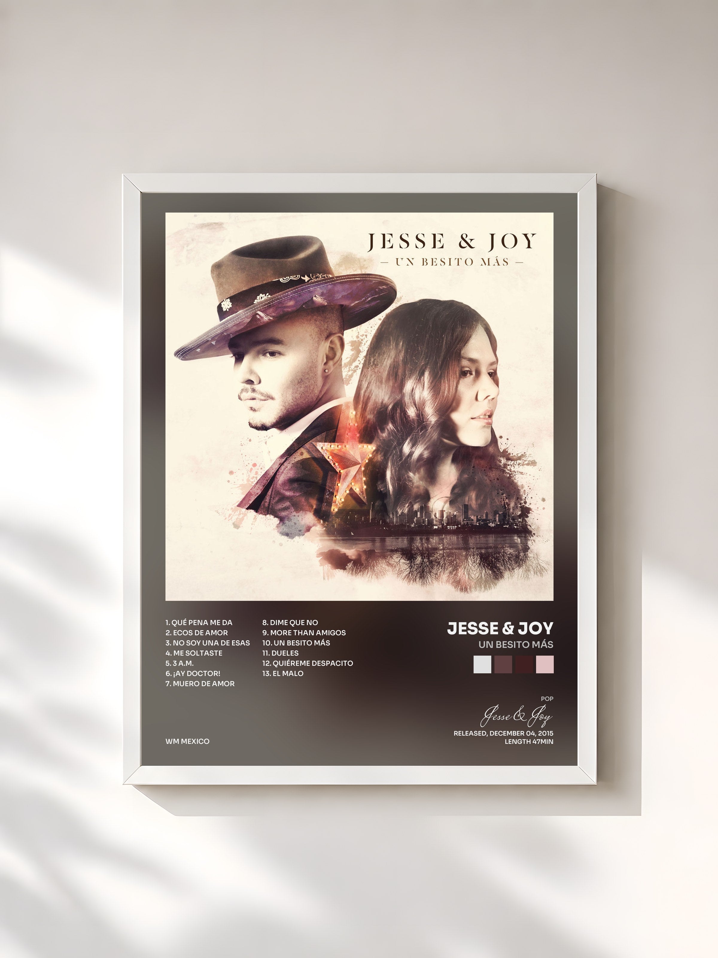 #blanc Tableau de l'album Un Besito Más de Jesse & Joy, cadre blanc, imprimé et encadré en France