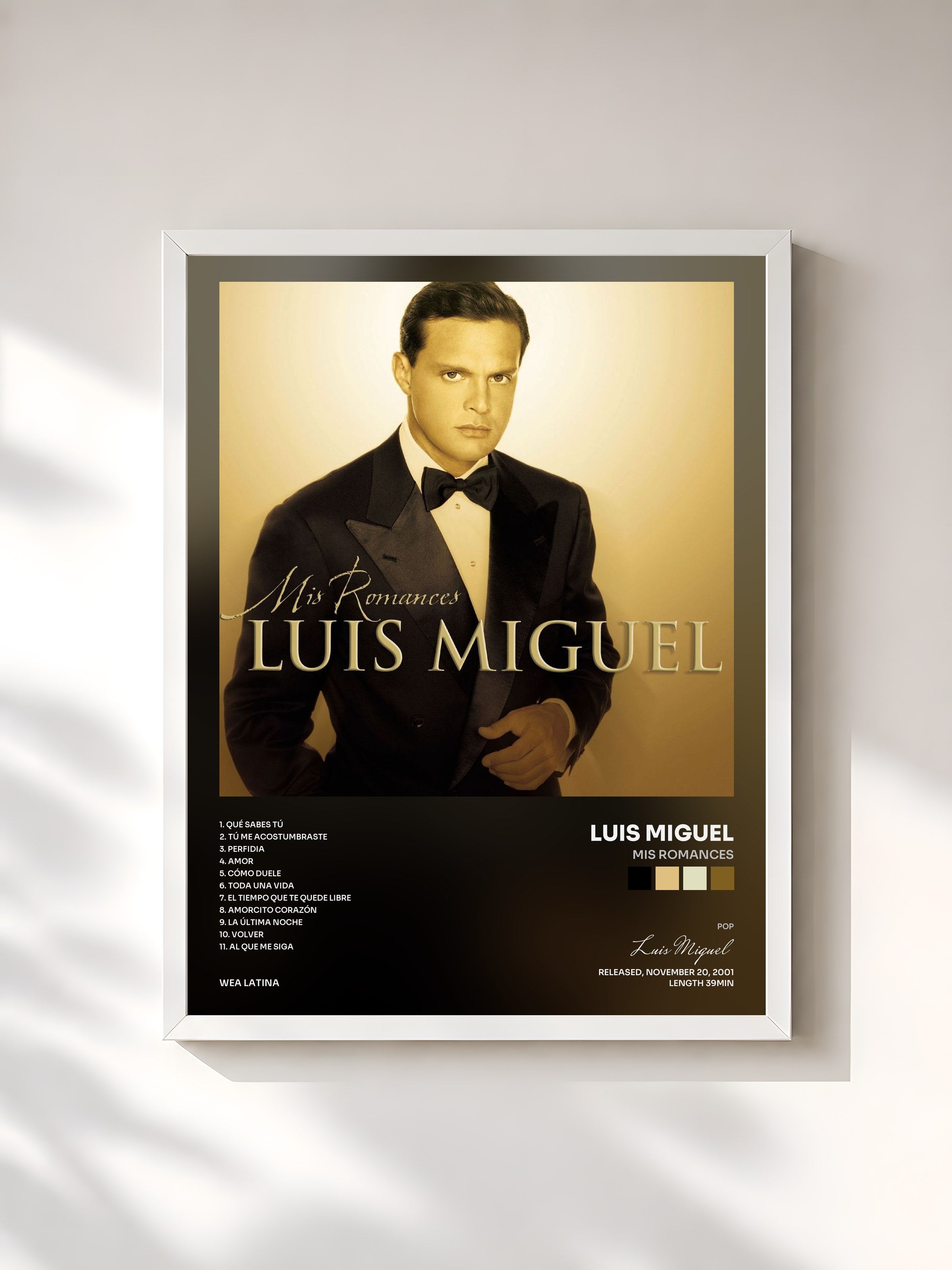 #blanc Tableau de l'album Mis Romances de Luis Miguel, cadre blanc, imprimé et encadré en France