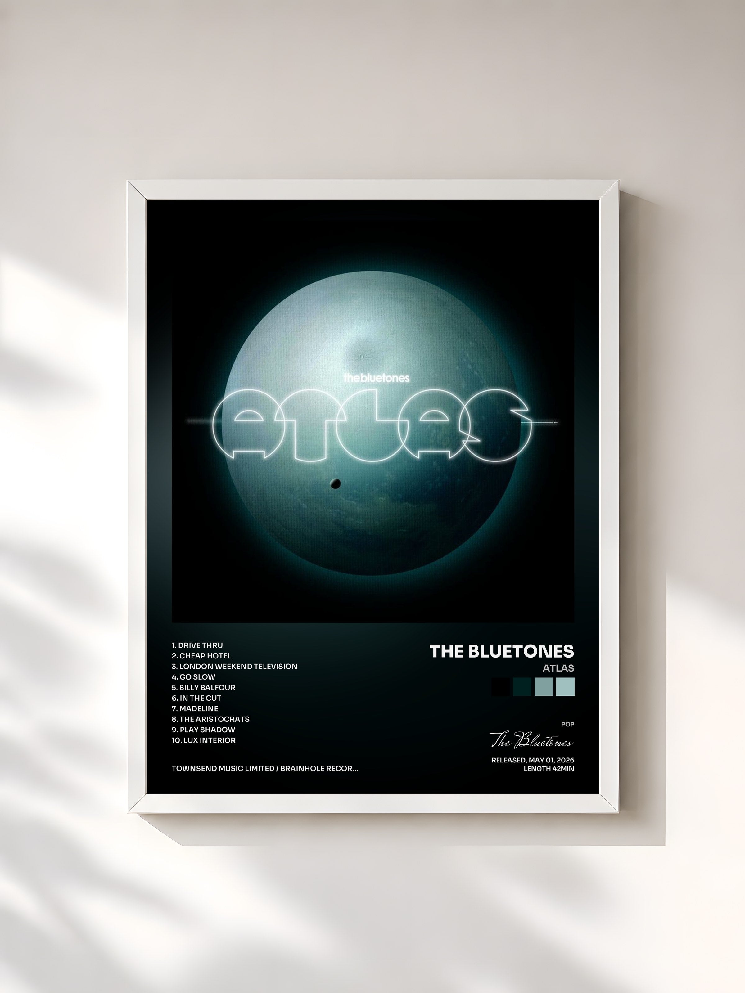 #blanc Tableau de l'album Atlas de The Bluetones, cadre blanc, imprimé et encadré en France