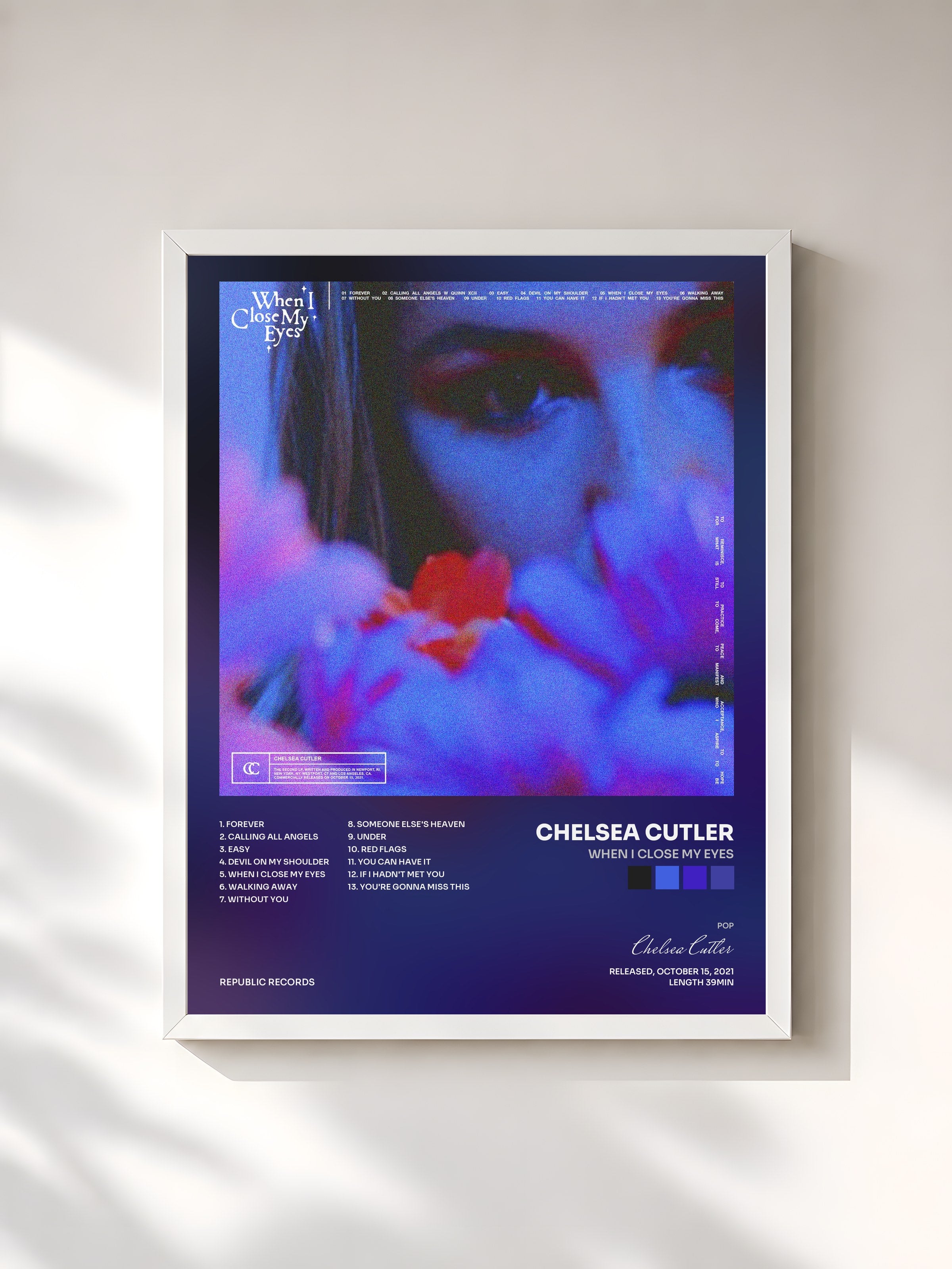 #blanc Tableau de l'album When I Close My Eyes de Chelsea Cutler, cadre blanc, imprimé et encadré en France