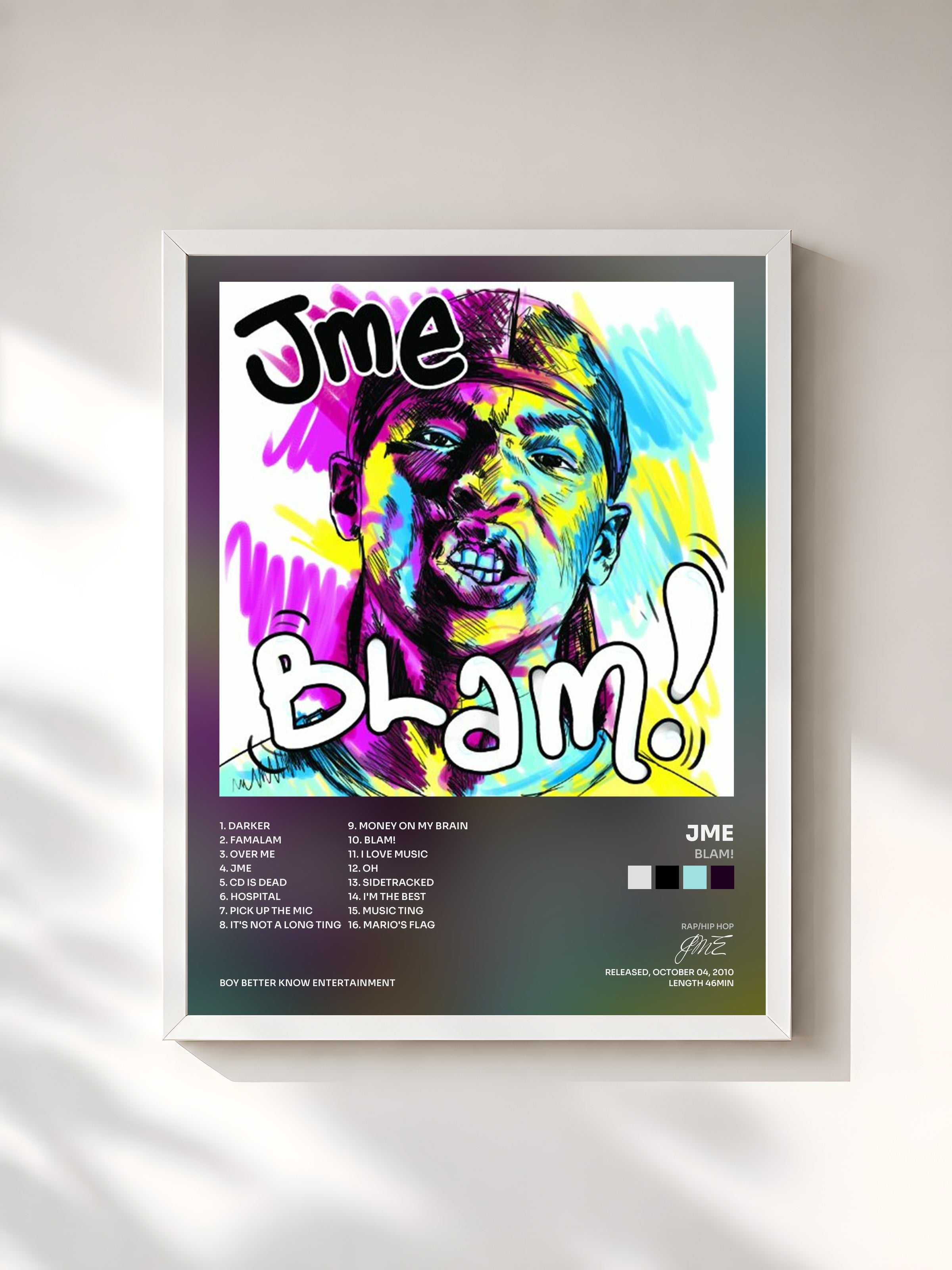#blanc Tableau de l'album Blam! de JME, cadre blanc, imprimé et encadré en France