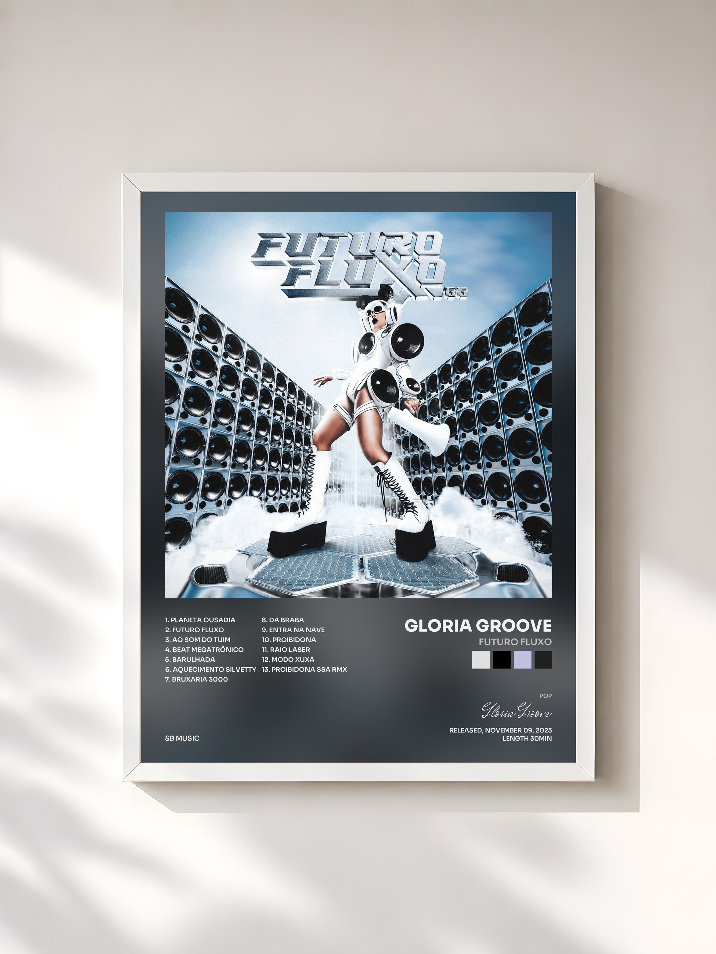 #blanc Tableau de l'album FUTURO FLUXO de Gloria Groove, cadre blanc, imprimé et encadré en France