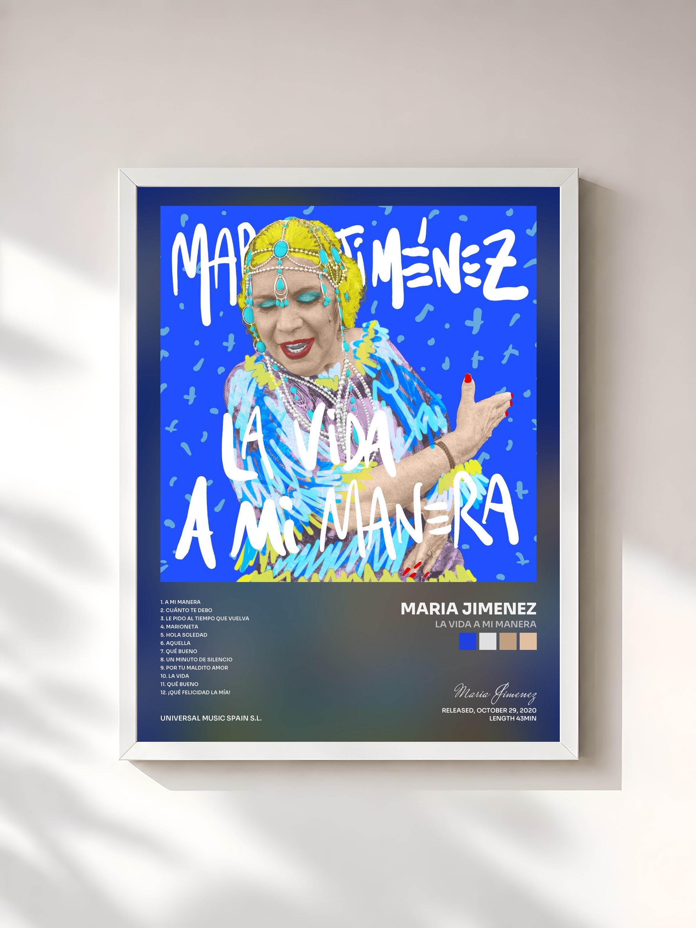 #blanc Tableau de l'album La Vida A Mi Manera de Maria Jimenez, cadre blanc, imprimé et encadré en France