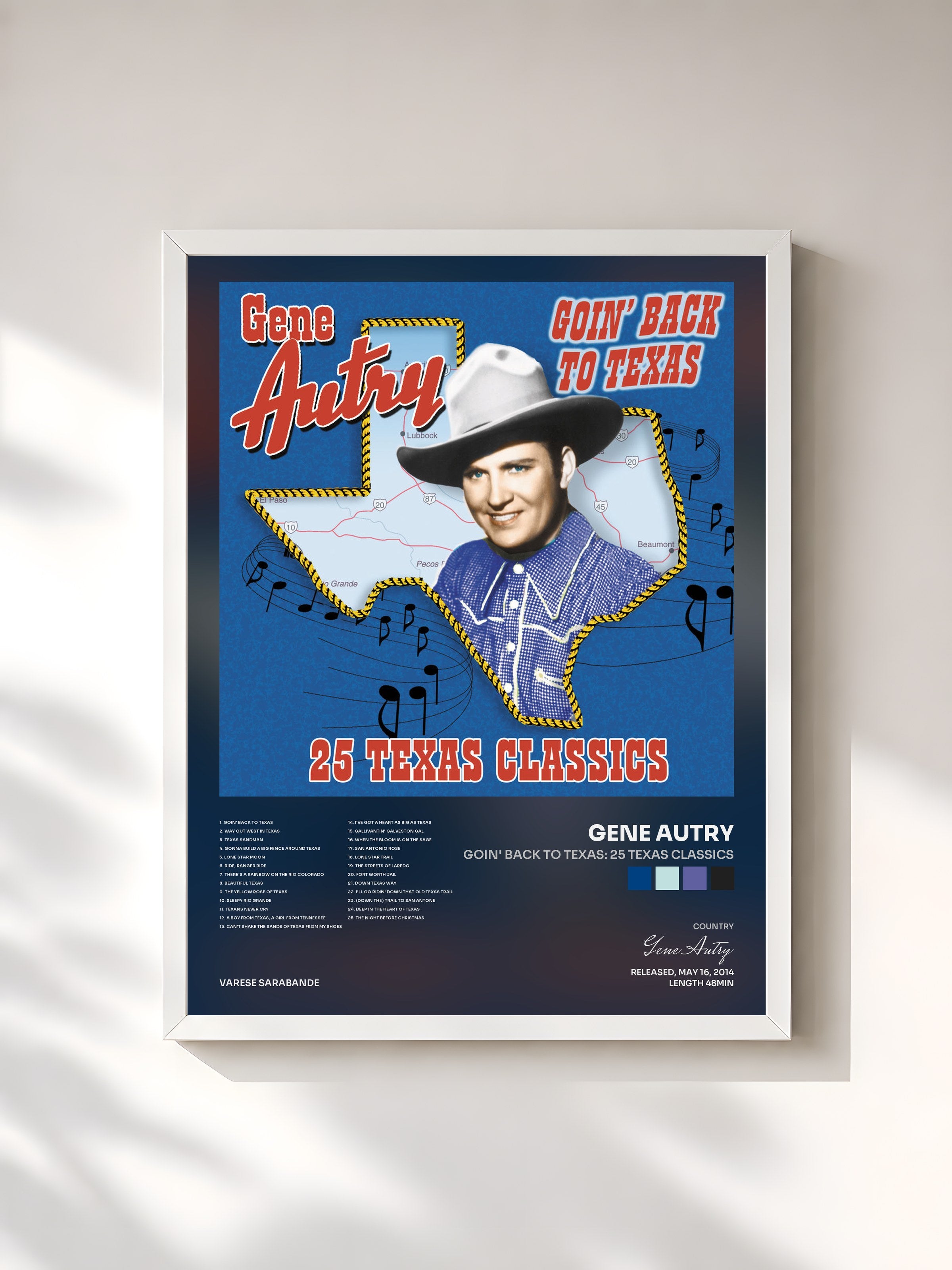 #blanc Tableau de l'album Goin' Back To Texas: 25 Texas Classics de Gene Autry, cadre blanc, imprimé et encadré en France