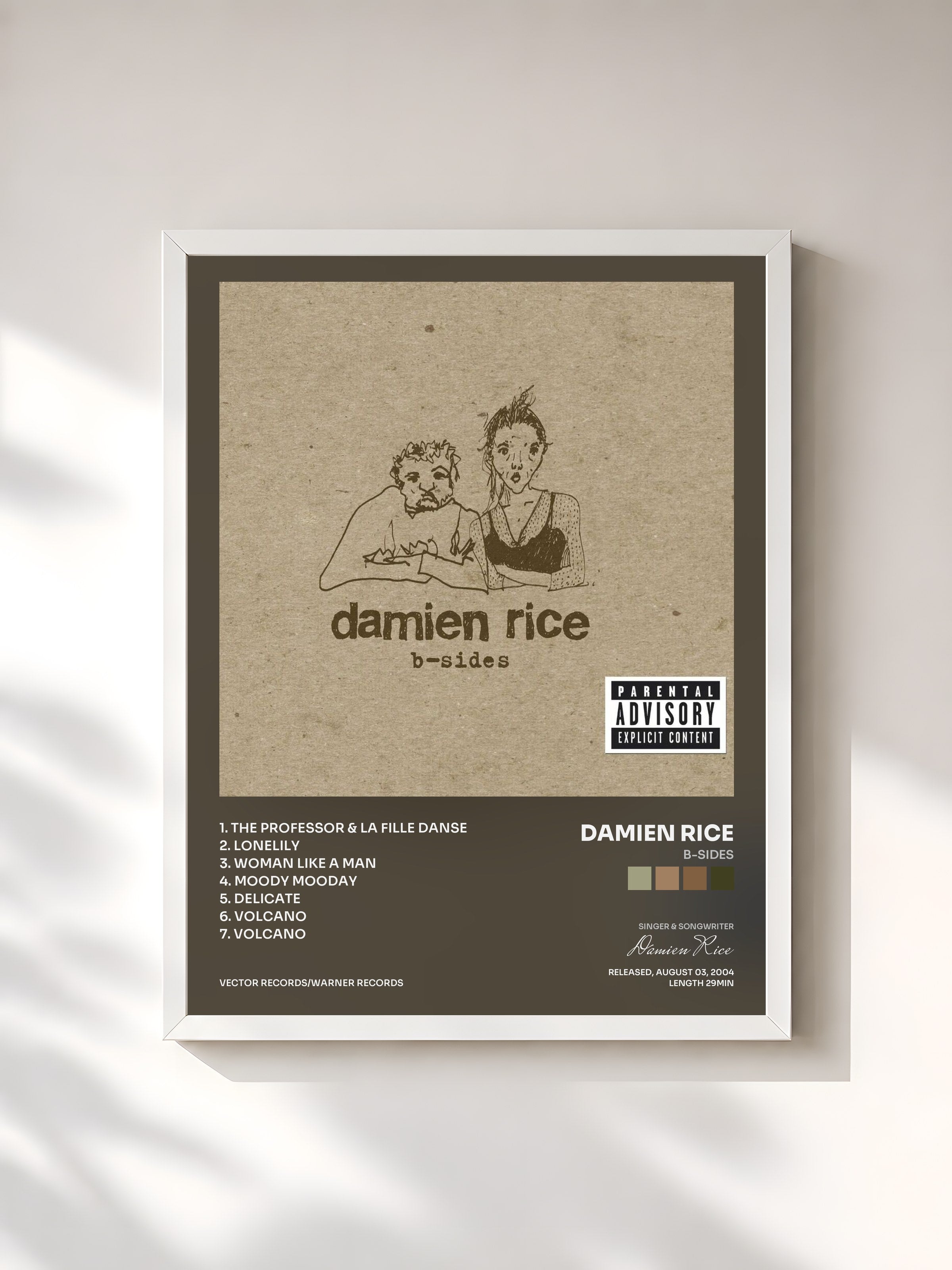 #blanc Tableau de l'album B-Sides de Damien Rice, cadre blanc, imprimé et encadré en France