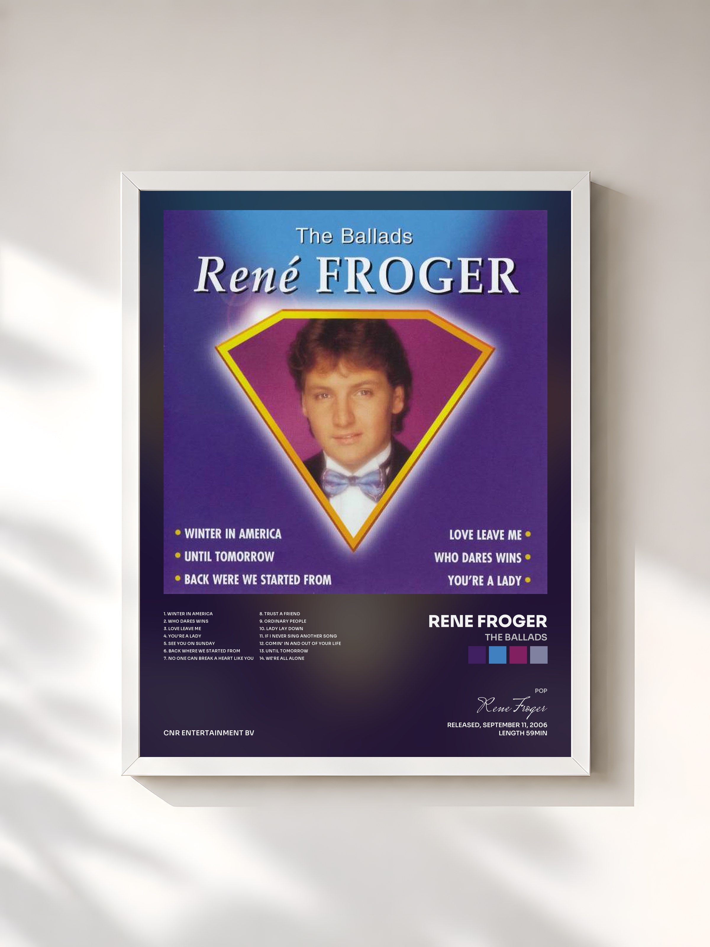 #blanc Tableau de l'album The Ballads de Rene Froger, cadre blanc, imprimé et encadré en France