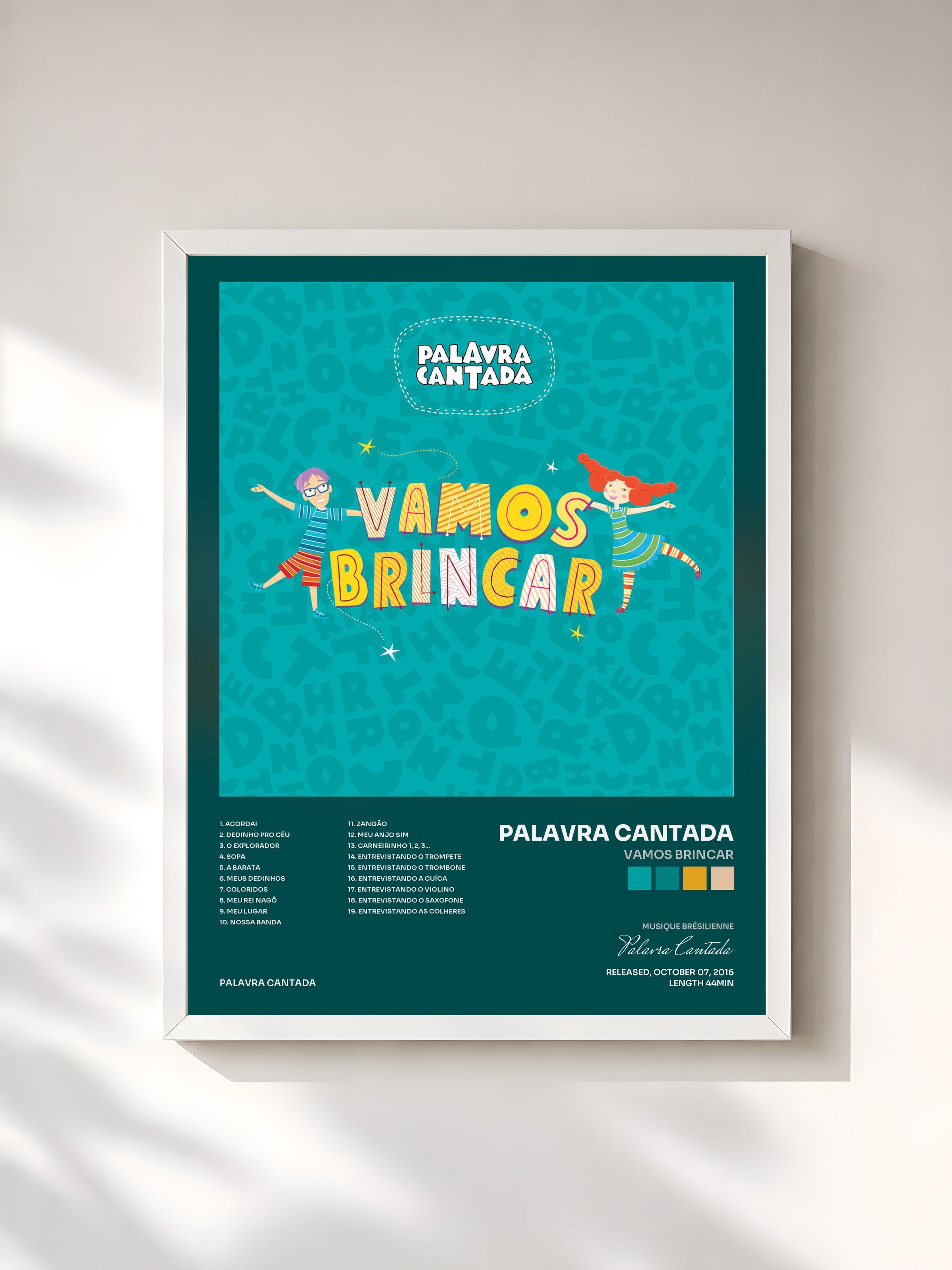 #blanc Tableau de l'album Vamos Brincar de Palavra Cantada, cadre blanc, imprimé et encadré en France