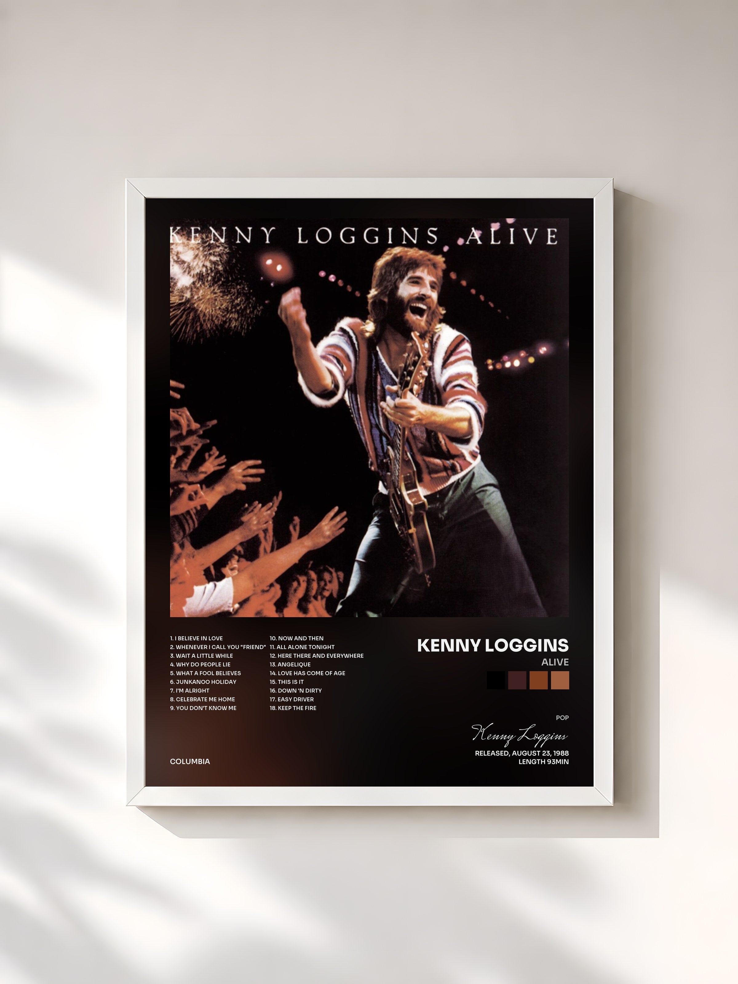 #blanc Tableau de l'album Alive de Kenny Loggins, cadre blanc, imprimé et encadré en France