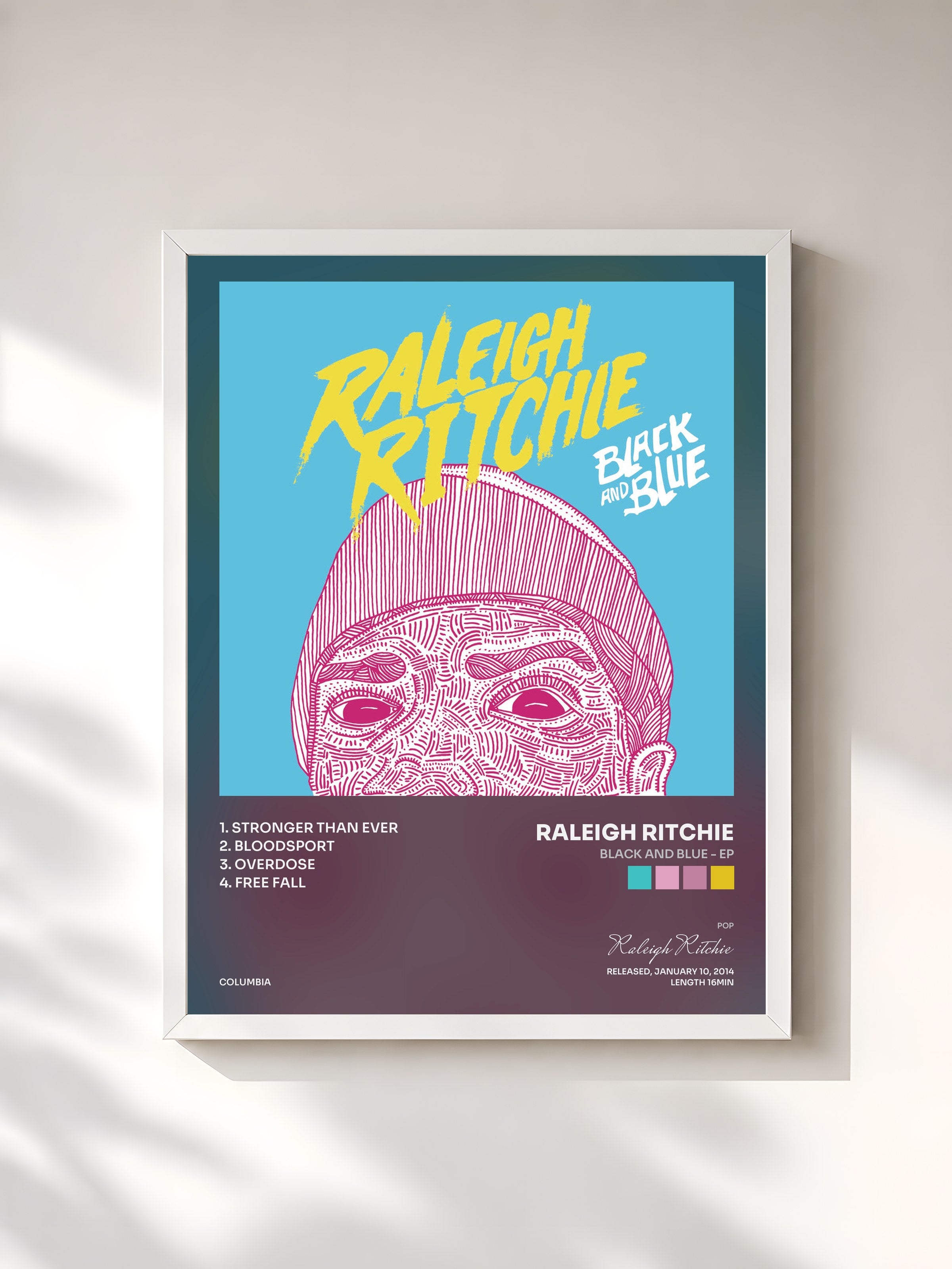 #blanc Tableau de l'album Black and Blue - EP de Raleigh Ritchie, cadre blanc, imprimé et encadré en France