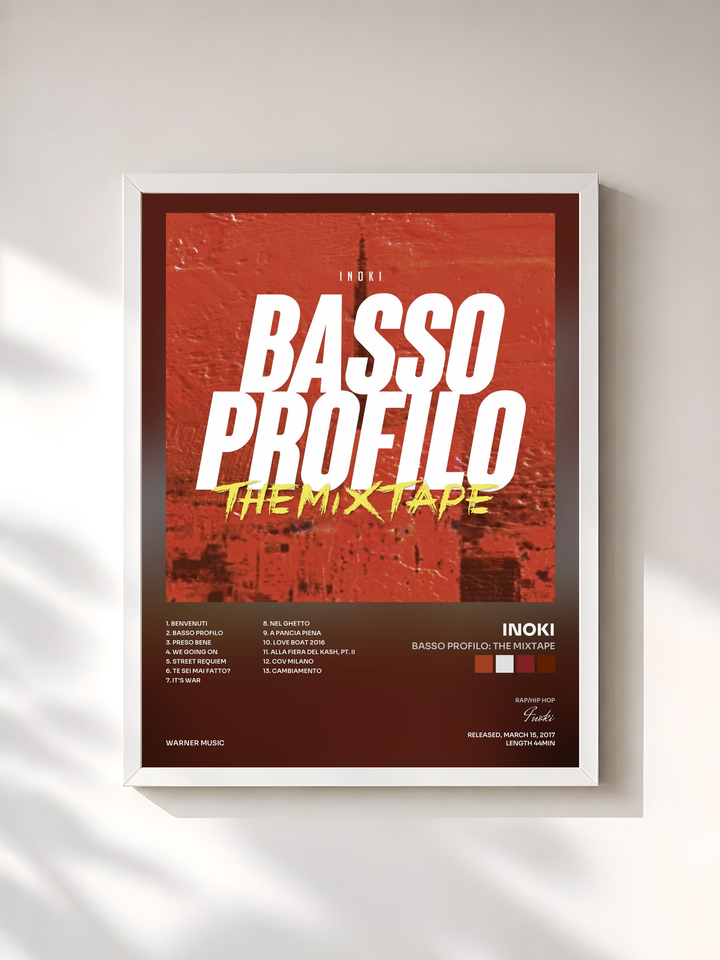 #blanc Tableau de l'album Basso profilo: The Mixtape de Inoki, cadre blanc, imprimé et encadré en France
