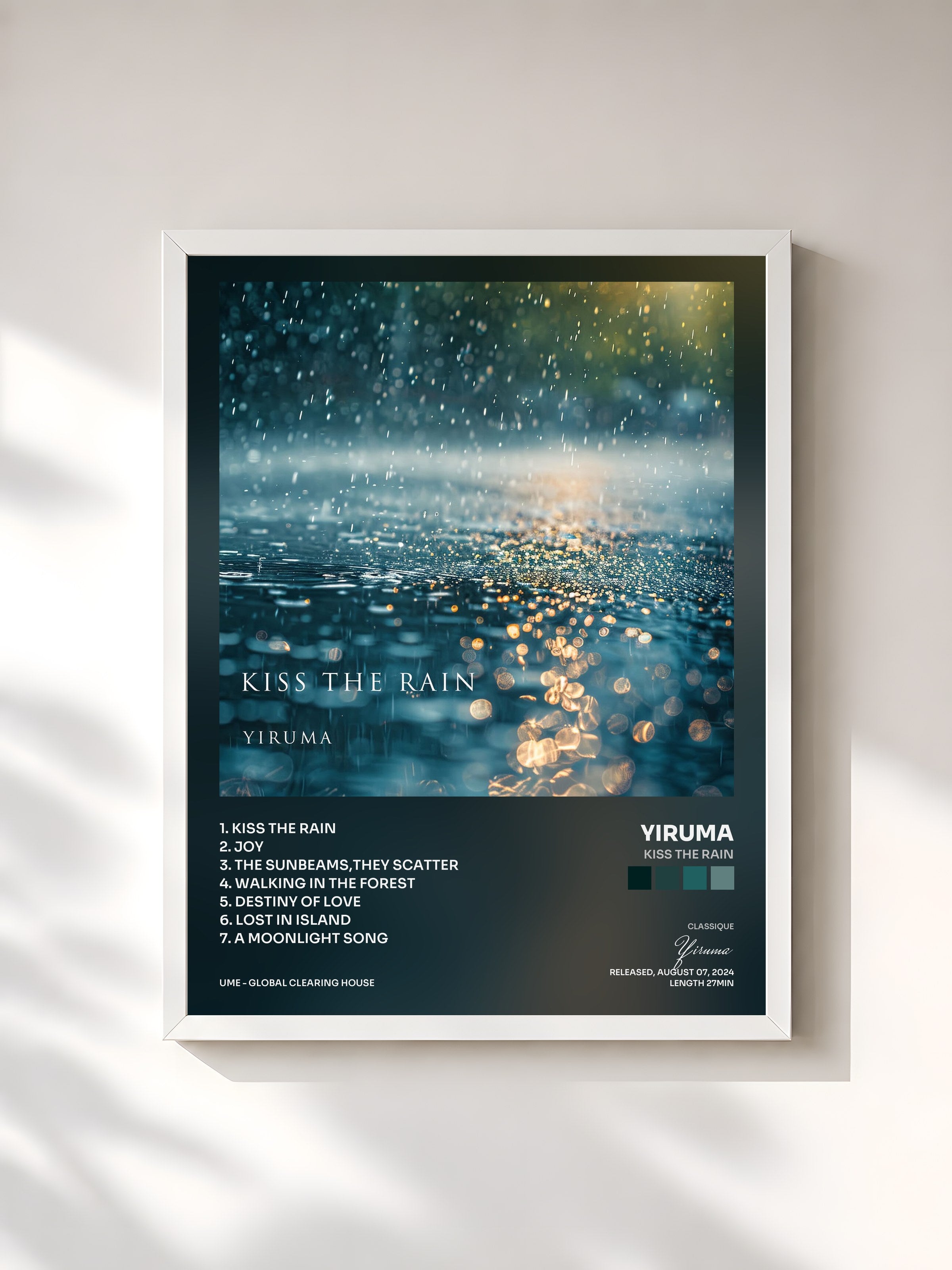 #blanc Tableau de l'album Kiss The Rain de Yiruma, cadre blanc, imprimé et encadré en France