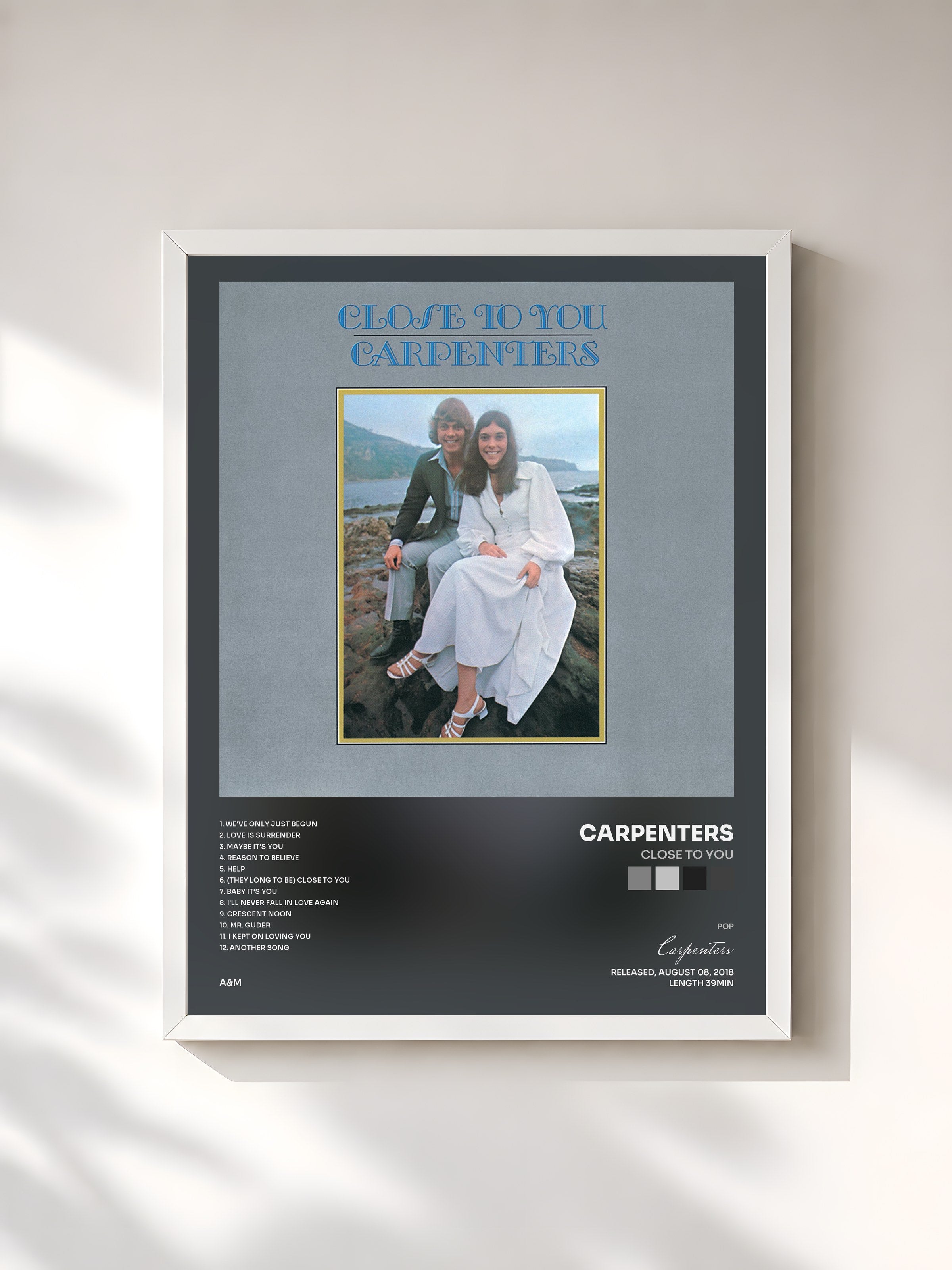 #blanc Tableau de l'album Close To You de Carpenters, cadre blanc, imprimé et encadré en France