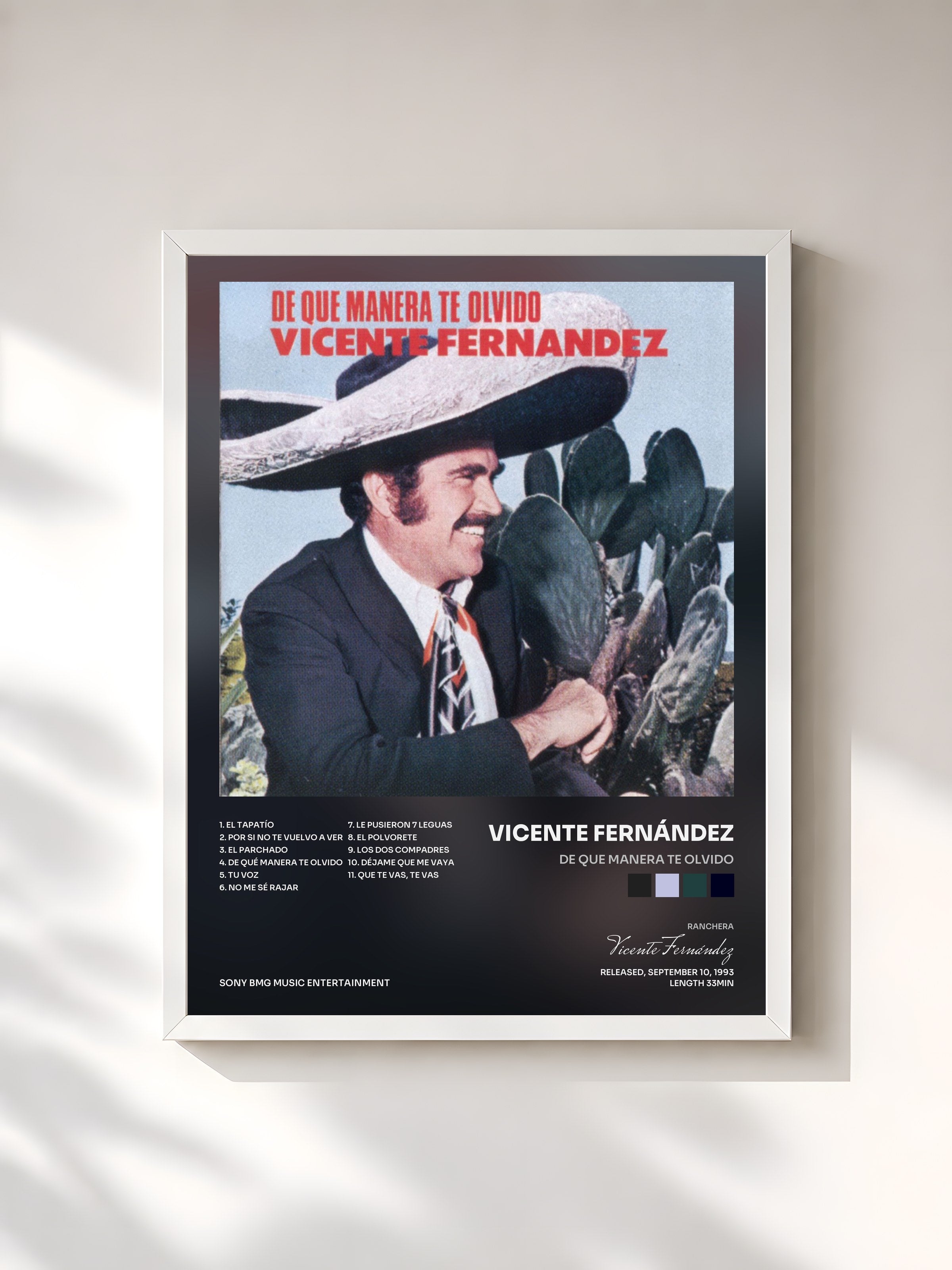 #blanc Tableau de l'album De Que Manera Te Olvido de Vicente Fernández, cadre blanc, imprimé et encadré en France