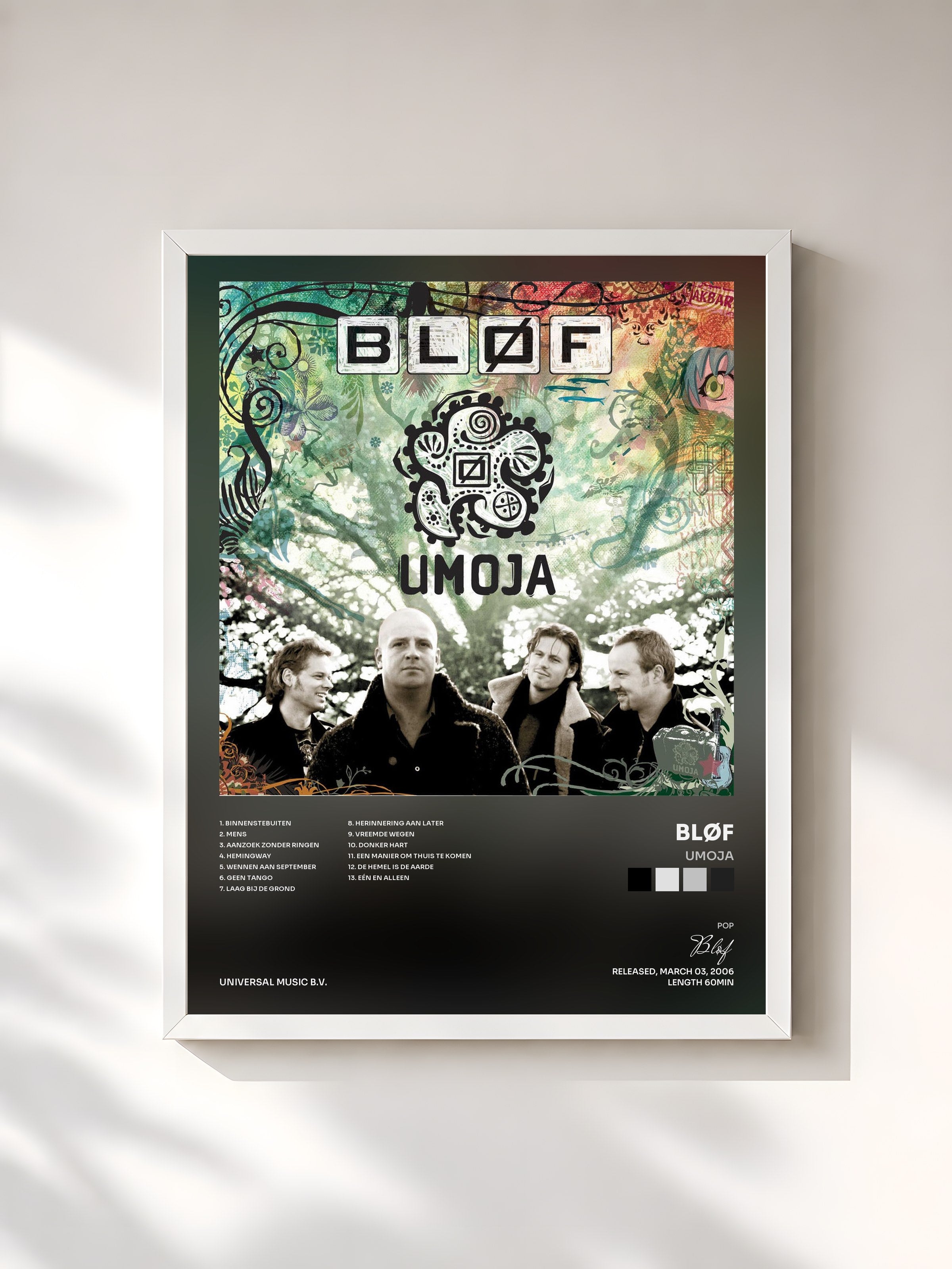 #blanc Tableau de l'album Umoja de Bløf, cadre blanc, imprimé et encadré en France