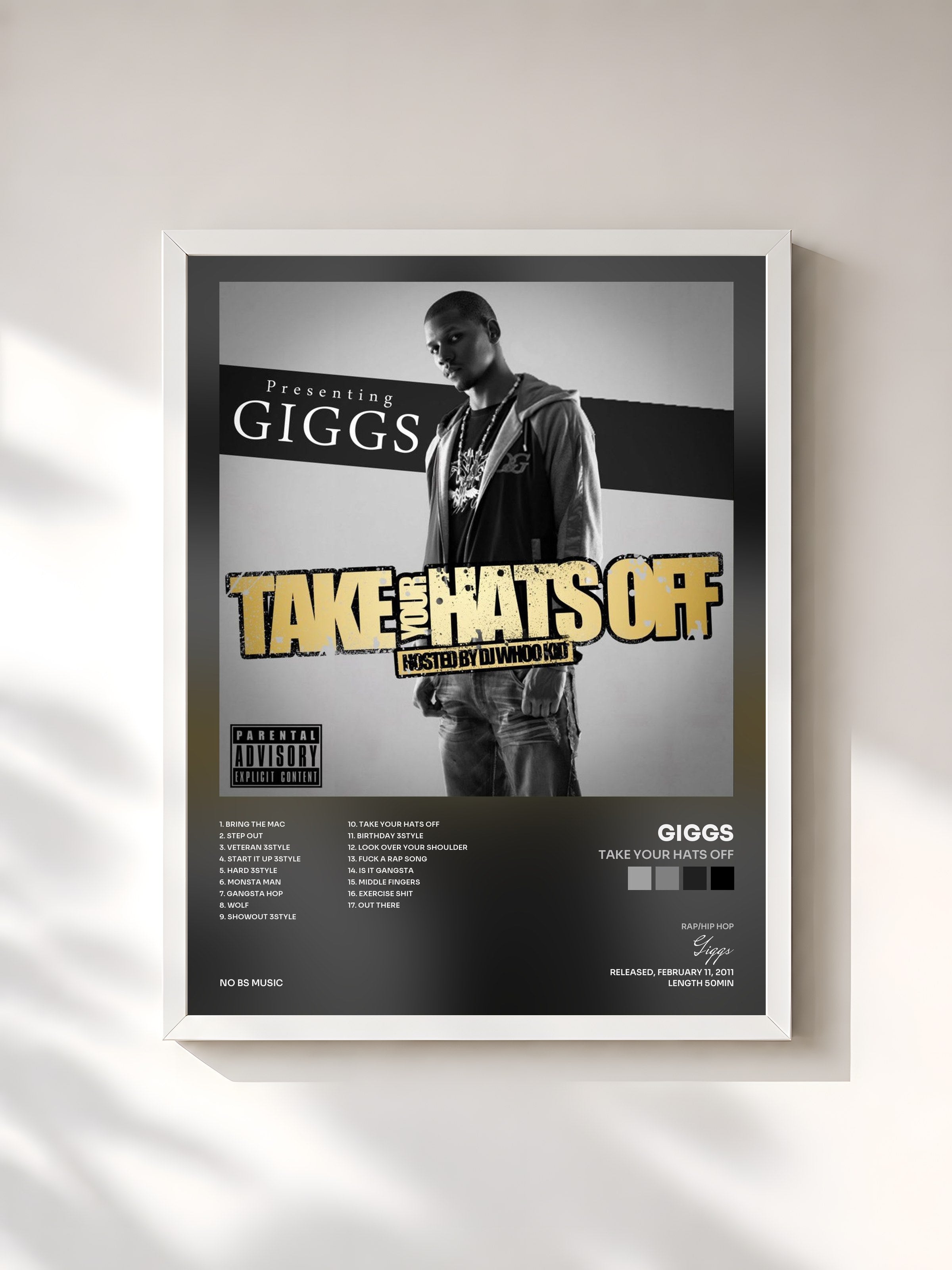 #blanc Tableau de l'album Take Your Hats Off de Giggs, cadre blanc, imprimé et encadré en France