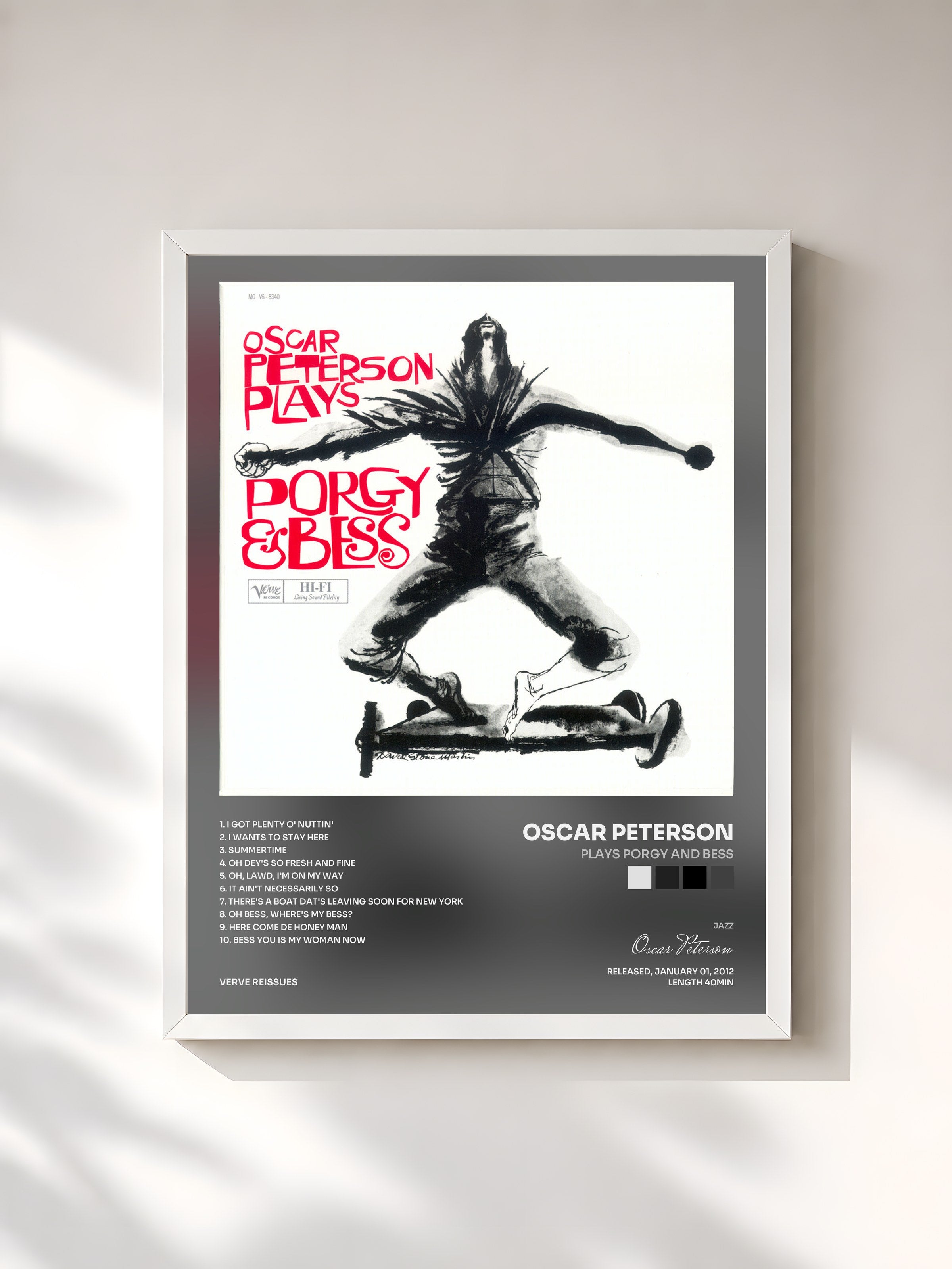#blanc Tableau de l'album Plays Porgy And Bess de Oscar Peterson, cadre blanc, imprimé et encadré en France