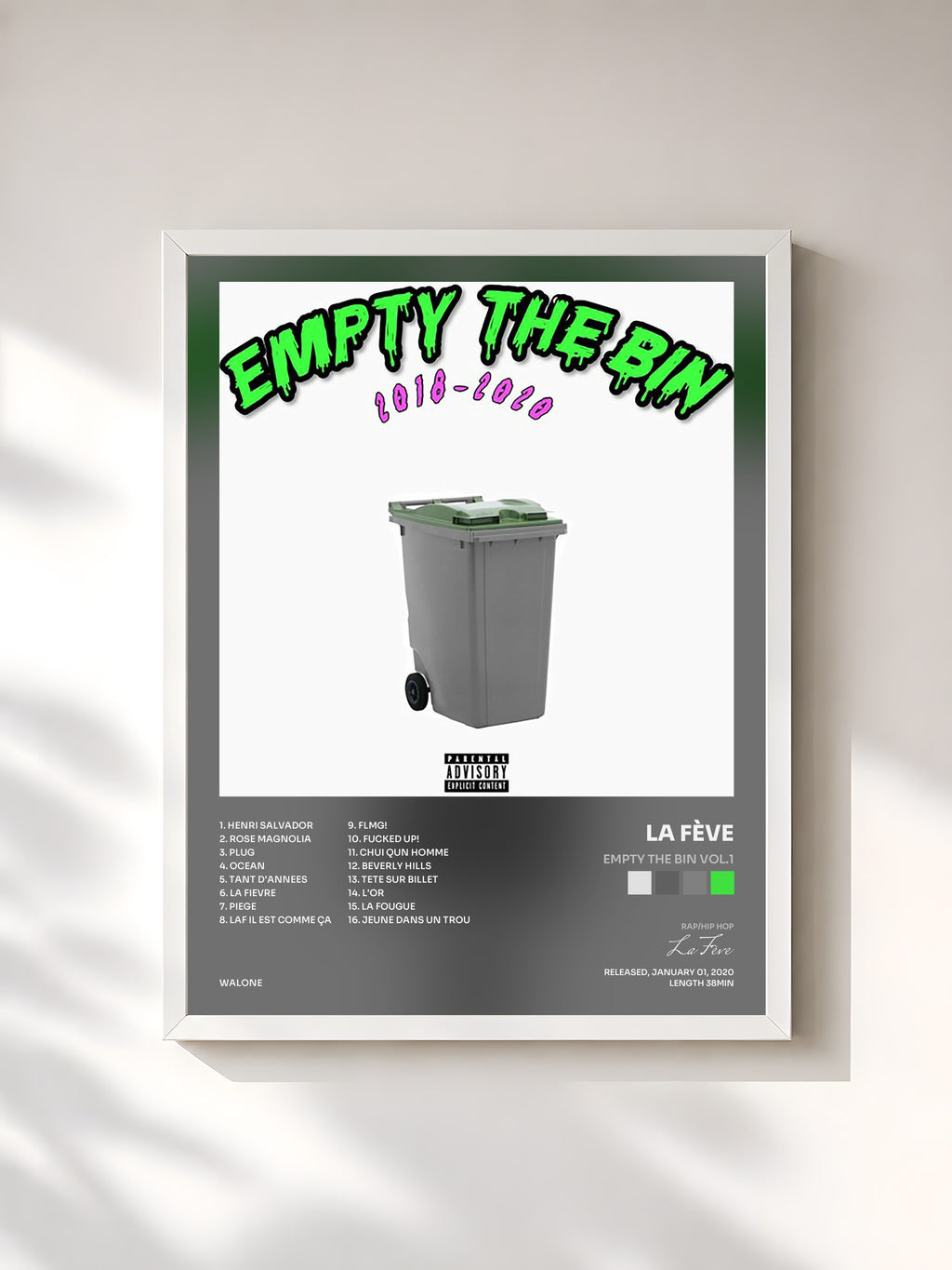 #blanc Tableau de l'album EMPTY THE BIN VOL.1 de La Fève, cadre blanc, imprimé et encadré en France