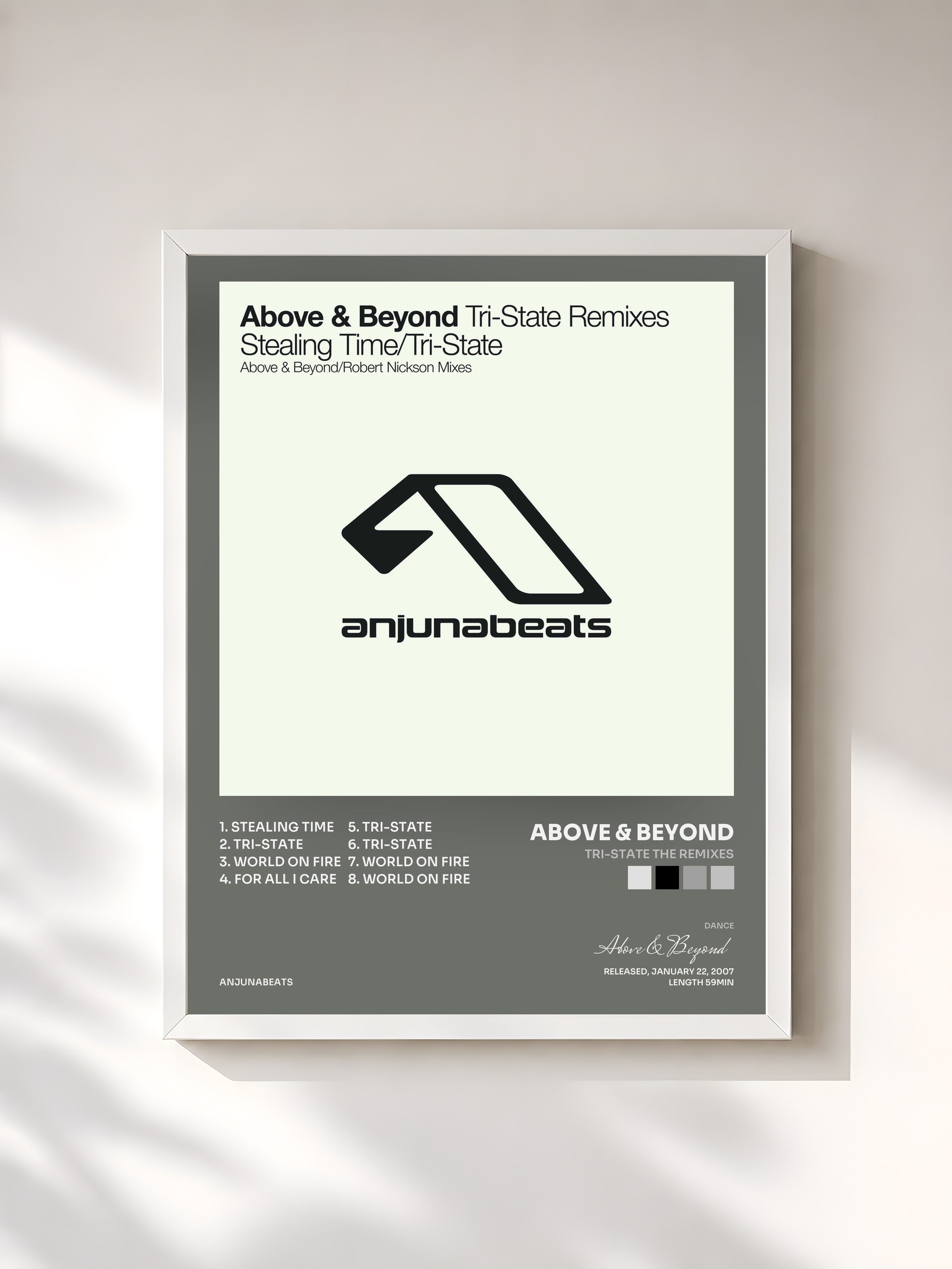 #blanc Tableau de l'album Tri-State the Remixes de Above & Beyond, cadre blanc, imprimé et encadré en France