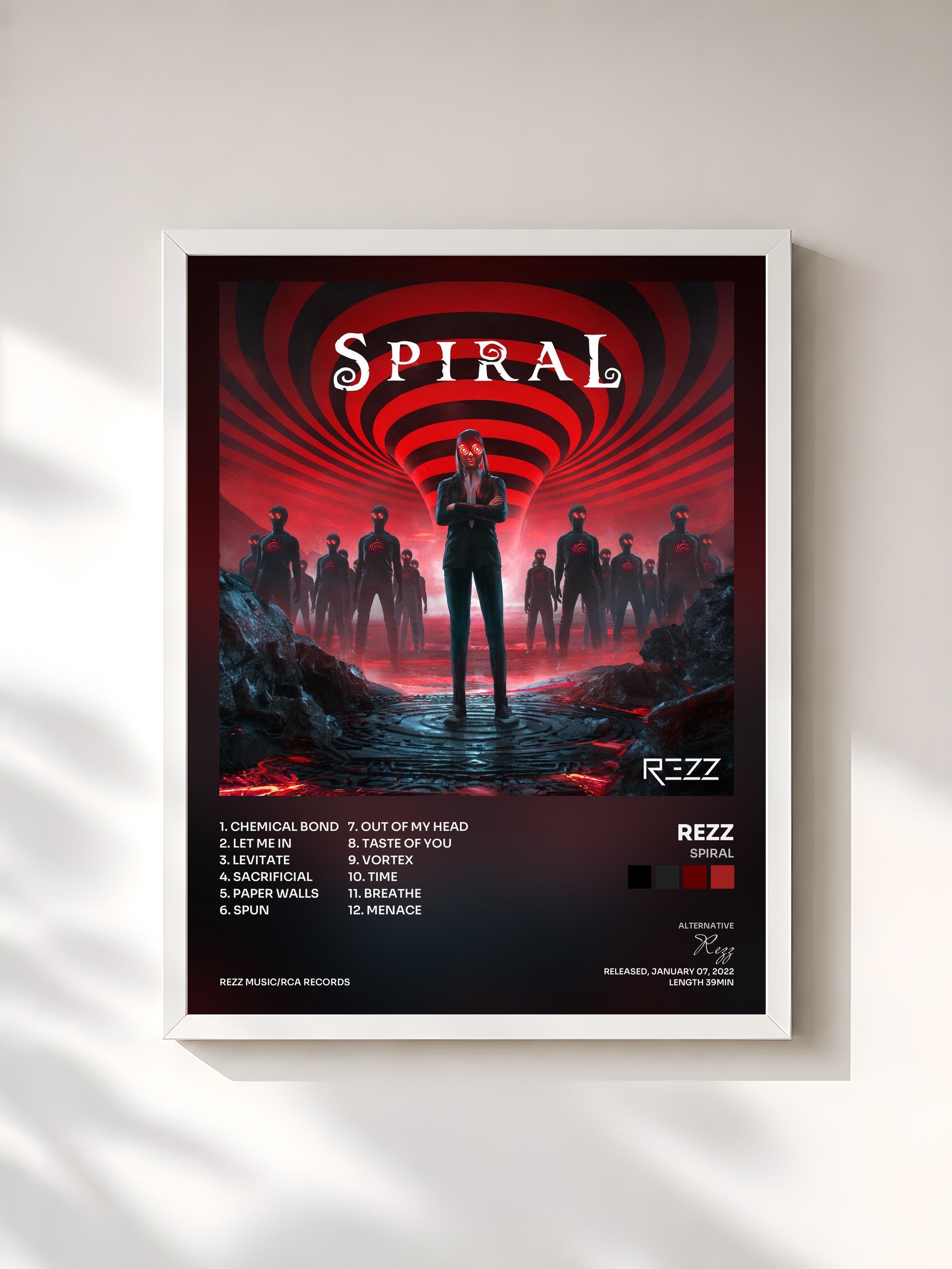 #blanc Tableau de l'album Spiral de Rezz, cadre blanc, imprimé et encadré en France