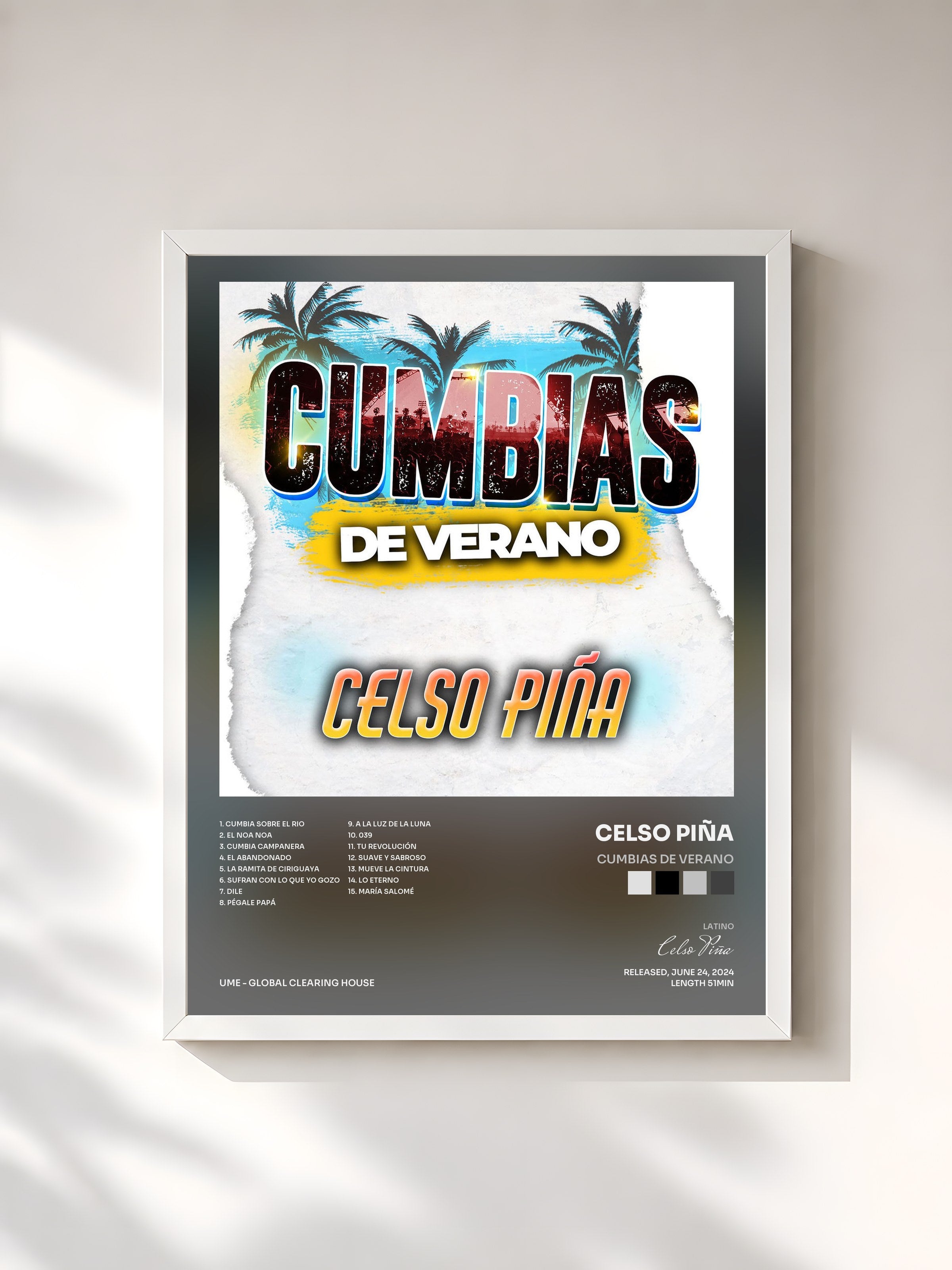 #blanc Tableau de l'album CUMBIAS DE VERANO de Celso Piña, cadre blanc, imprimé et encadré en France